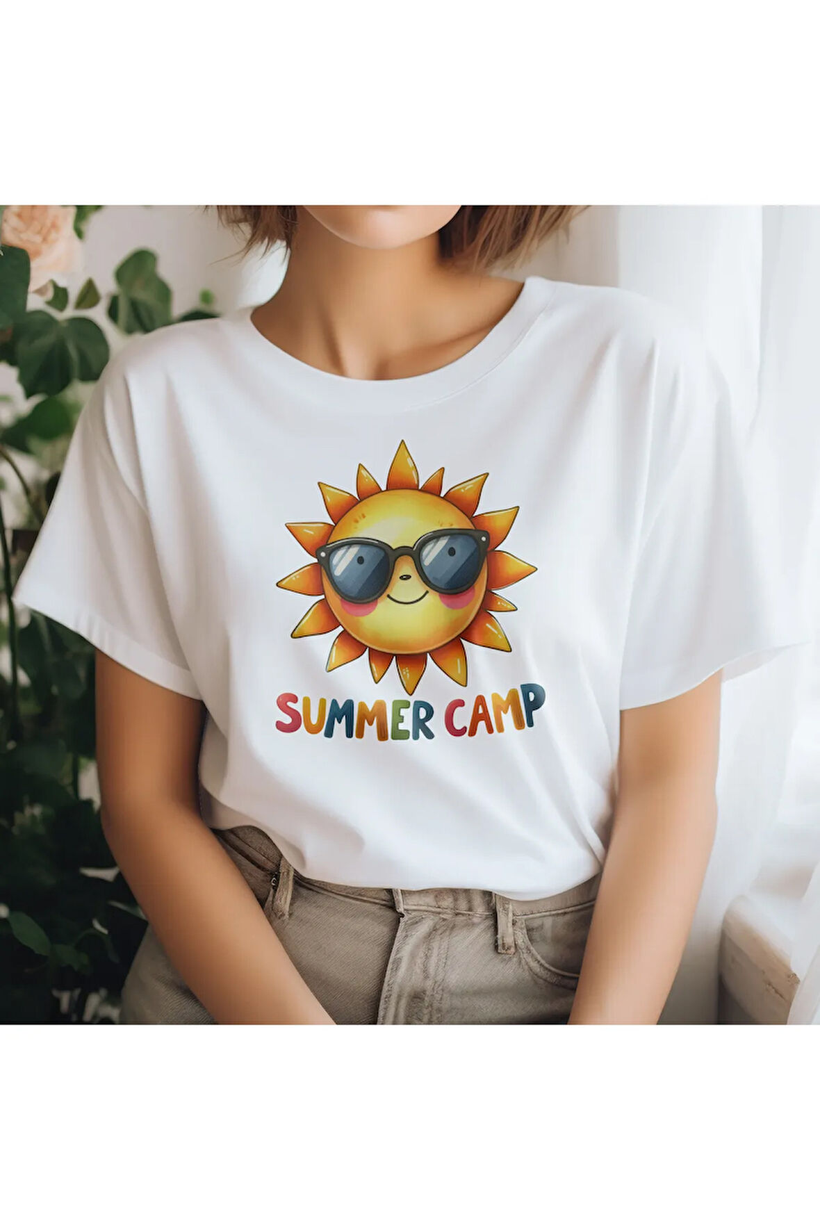 Summer Camp Baskılı Yaz Temalı Unisex Regular Fit Pamuklu Beyaz Tişört