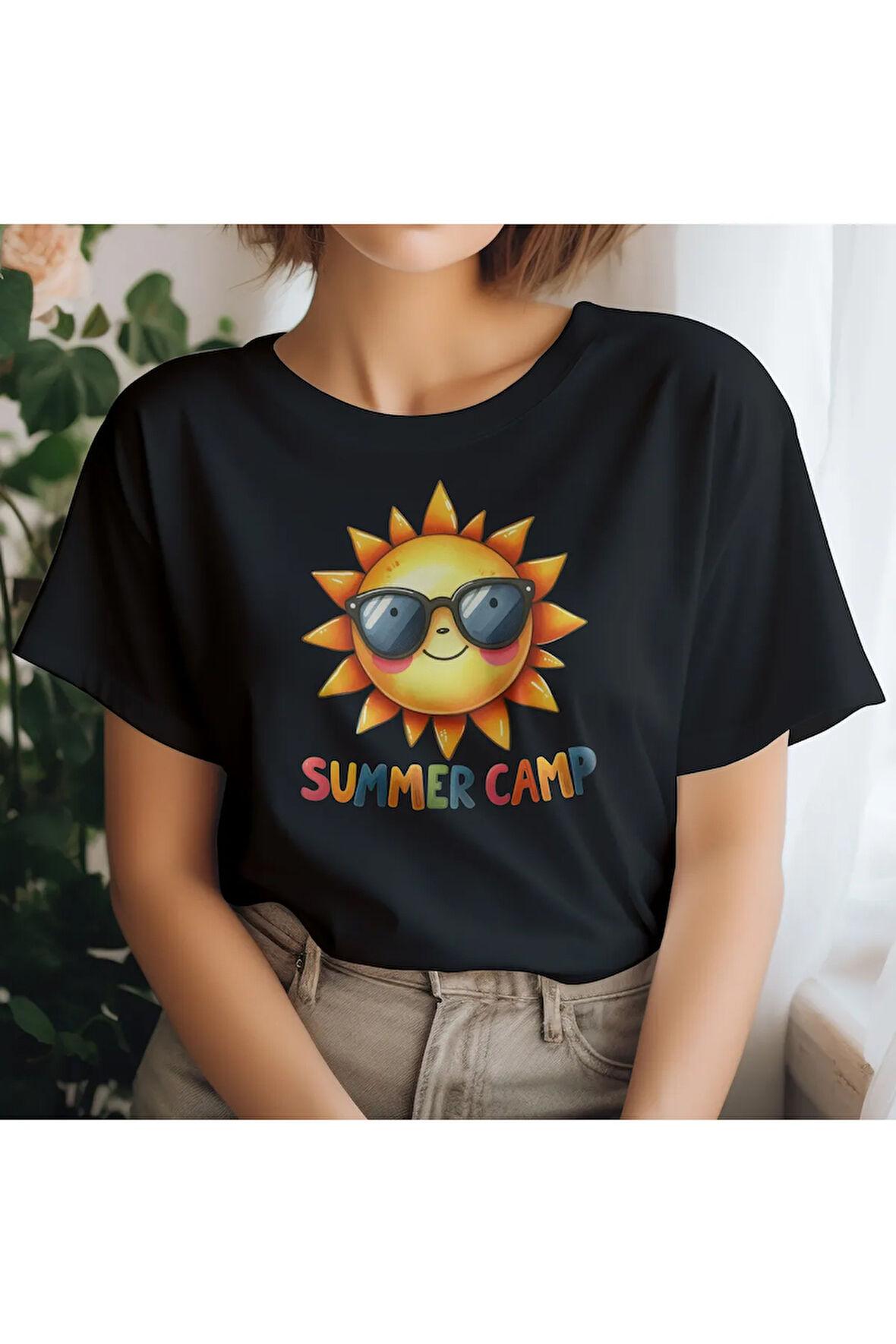 Summer Camp Baskılı Yaz Temalı Unisex Regular Fit Pamuklu Siyah Tişört