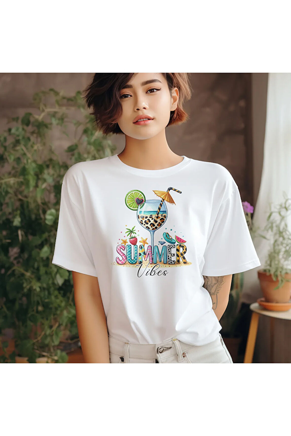 Summer Vibes Baskılı Kokteyl Yaz Temalı Unisex Regular Fit Pamuklu Beyaz Tişört