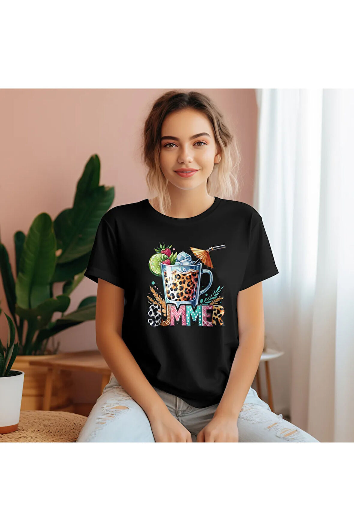 Summer Baskılı Yaz Kokteyl Unisex Regular Fit Pamuklu Siyah Tişört