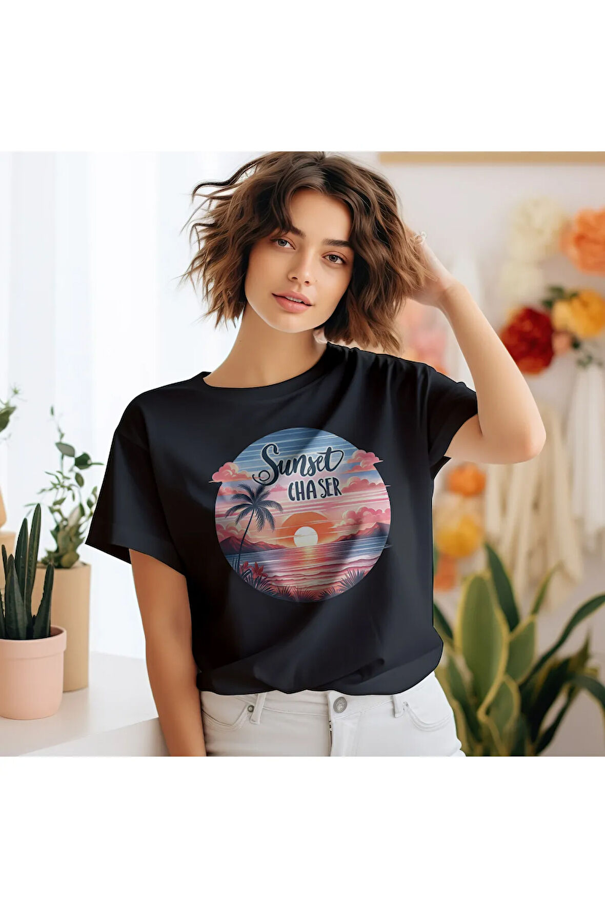 Sunset Chaser Baskılı Unisex Regular Fit Pamuklu Siyah Tişört