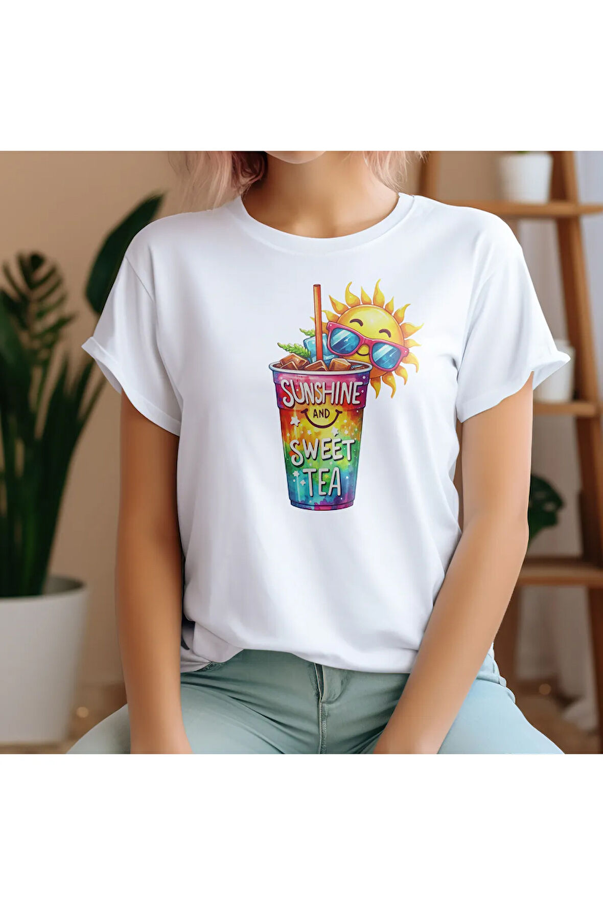 Sunshine And Sweet Tea Baskılı Yaz Temalı Unisex Regular Fit Pamuklu Beyaz Tişört