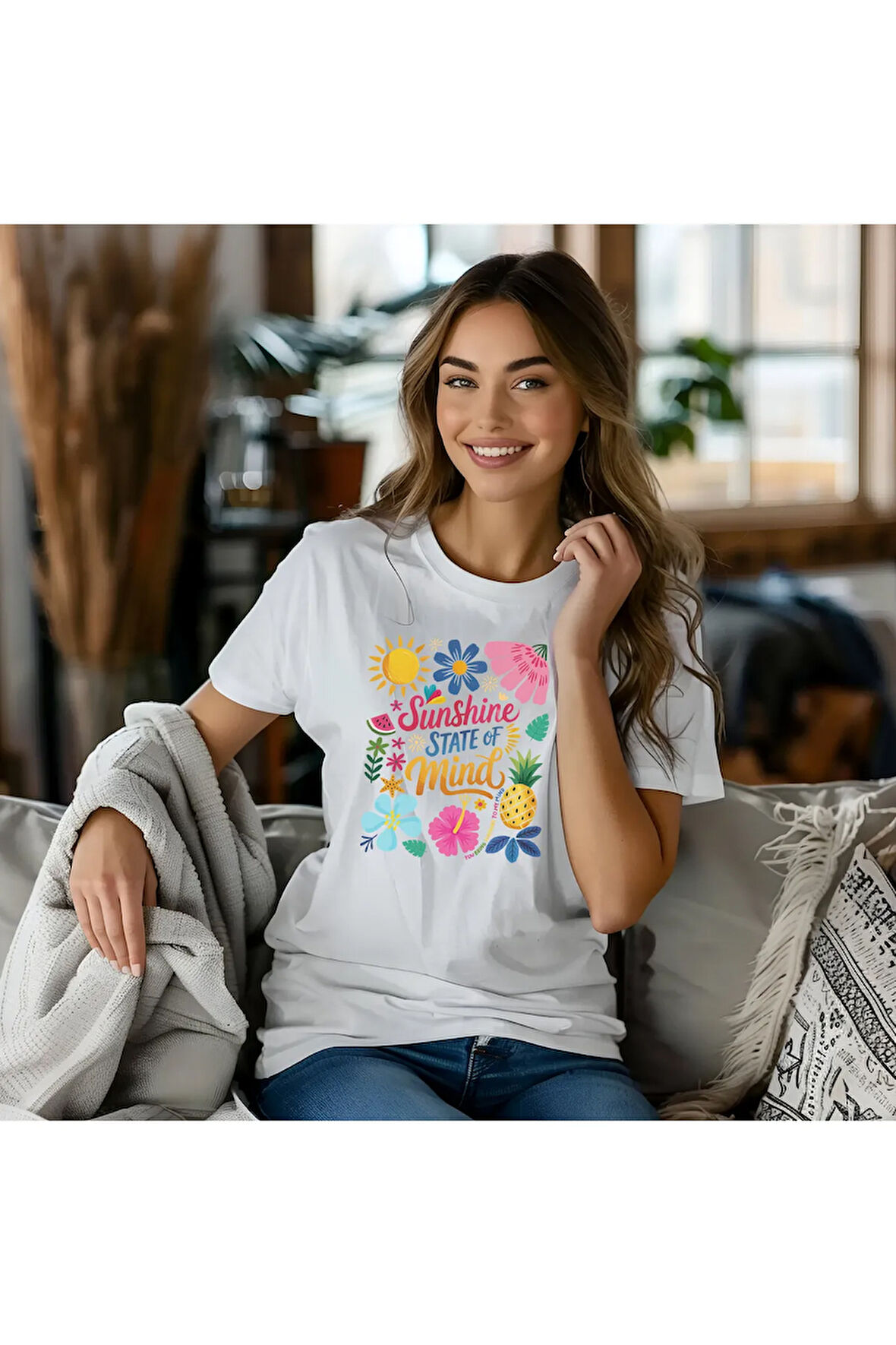 Sunshine State Of Mind Baskılı Unisex Regular Fit Pamuklu Beyaz Tişört