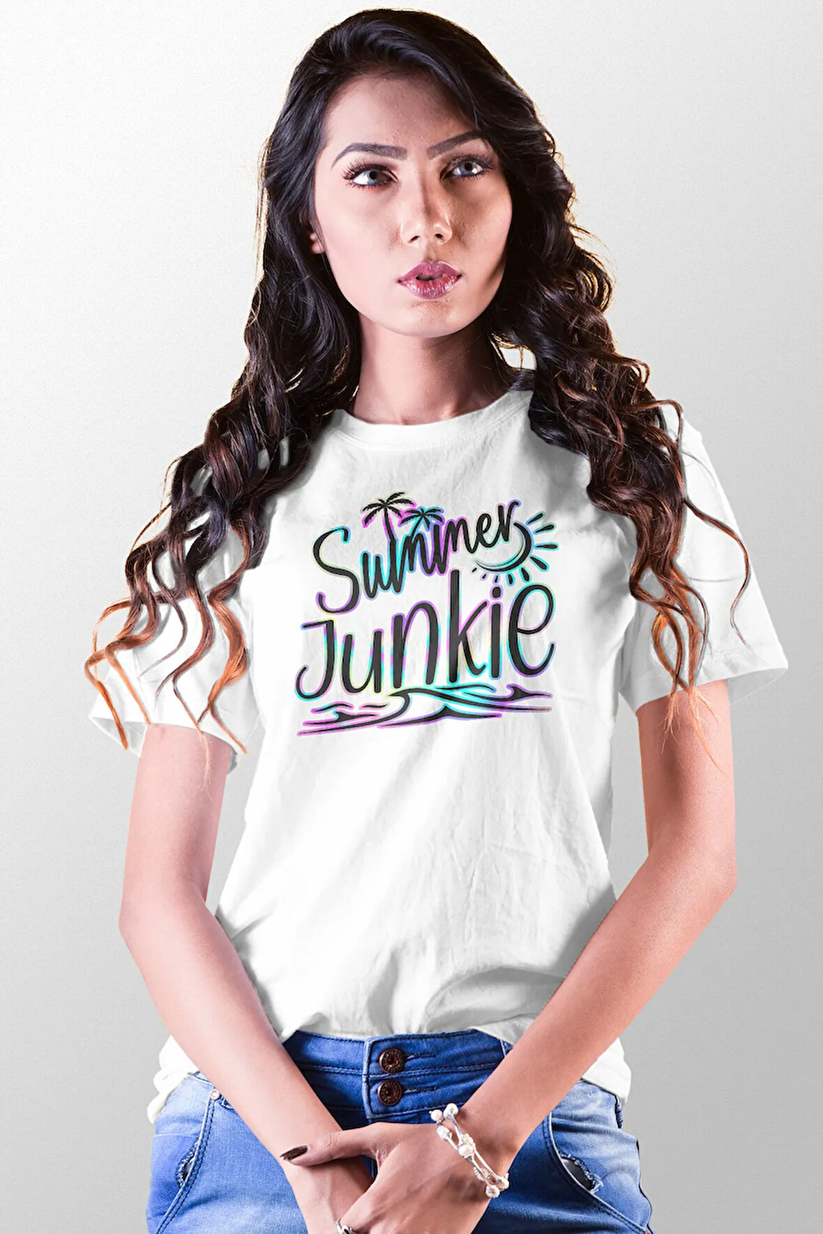 Summer Junkie Baskılı Yaz Temalı Unisex Regular Fit Pamuklu Beyaz Tişört