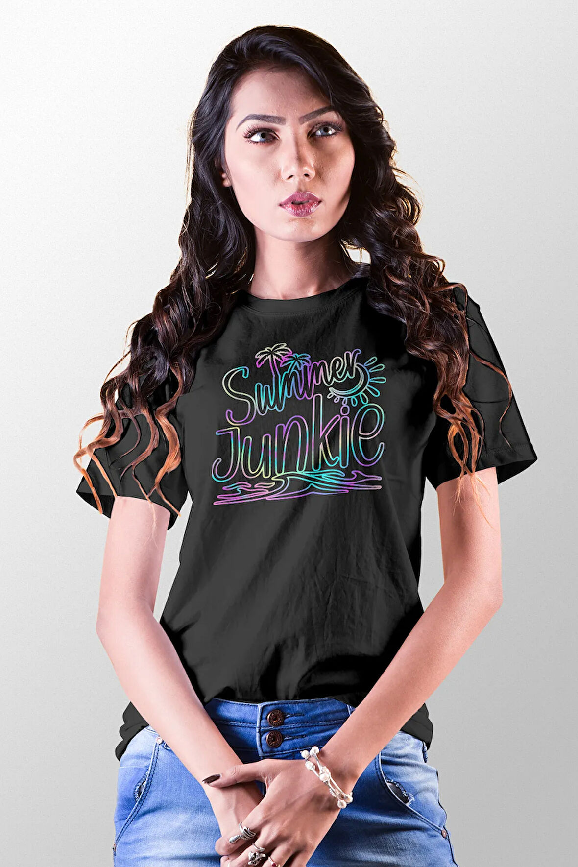Summer Junkie Baskılı Yaz Temalı Unisex Regular Fit Pamuklu Siyah Tişört