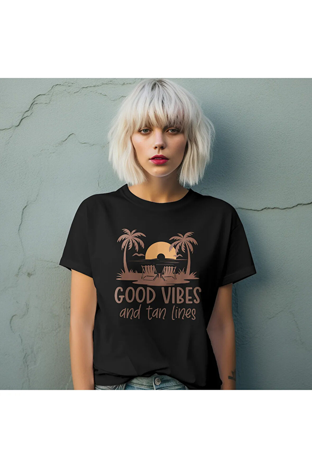 Good Vıbes And Tan Lines Baskılı Yaz Temalı Unisex Regular Fit Pamuklu Siyah Tişört