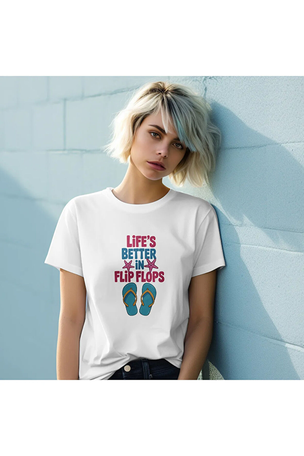 Lıfe'S Better In Flıp Flops Baskılı Yaz Temalı Unisex Regular Fit Pamuklu Beyaz Tişört