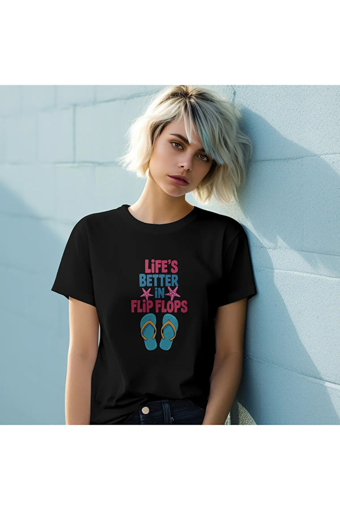 Lıfe'S Better In Flıp Flops Baskılı Yaz Temalı Unisex Regular Fit Pamuklu Siyah Tişört