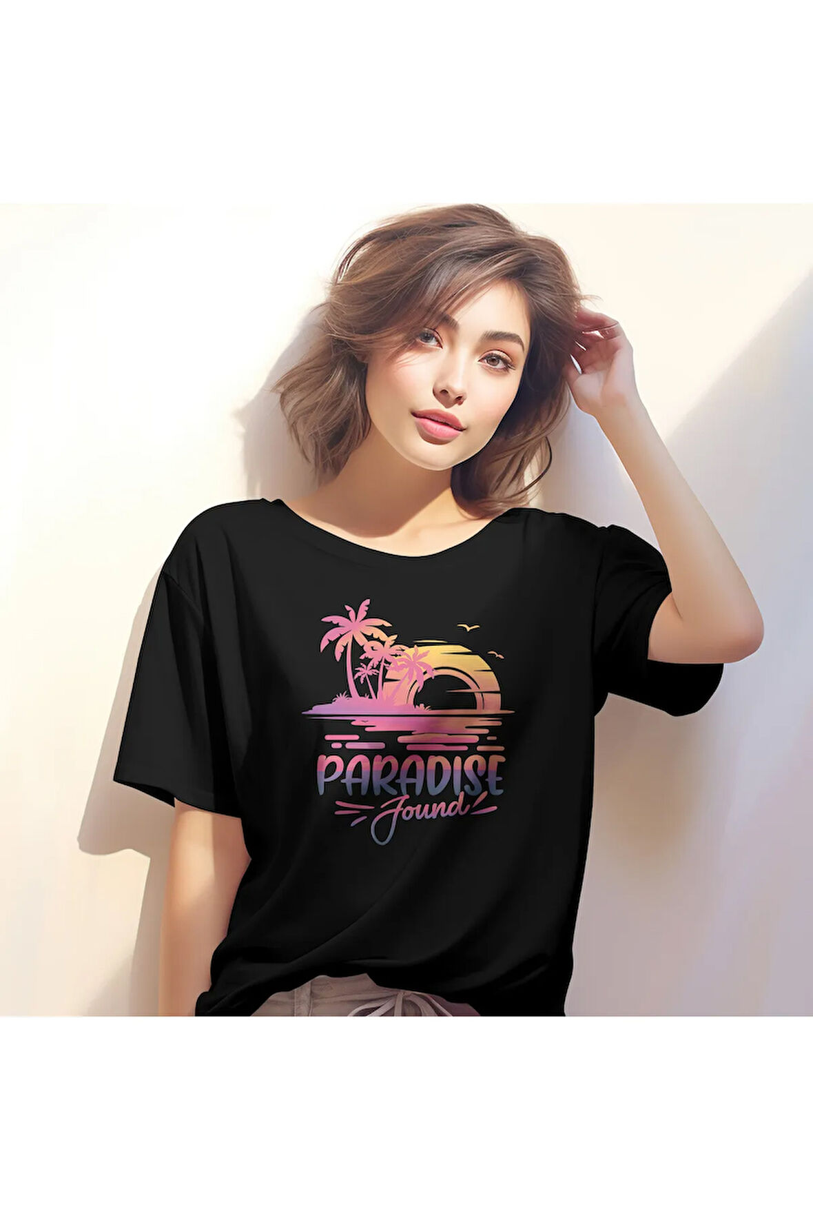 Paradıse Found Baskılı Yaz Temalı Unisex Regular Fit Pamuklu Siyah Tişört