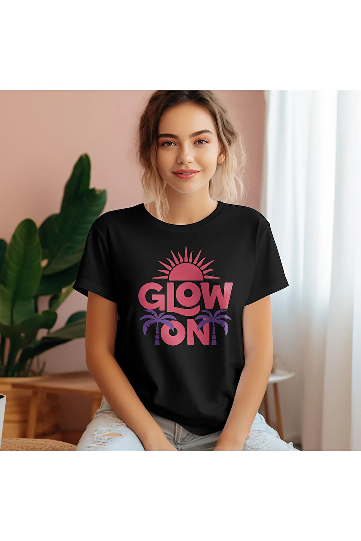 Glow On Baskılı Yaz Temalı Unisex Regular Fit Pamuklu Siyah Tişört