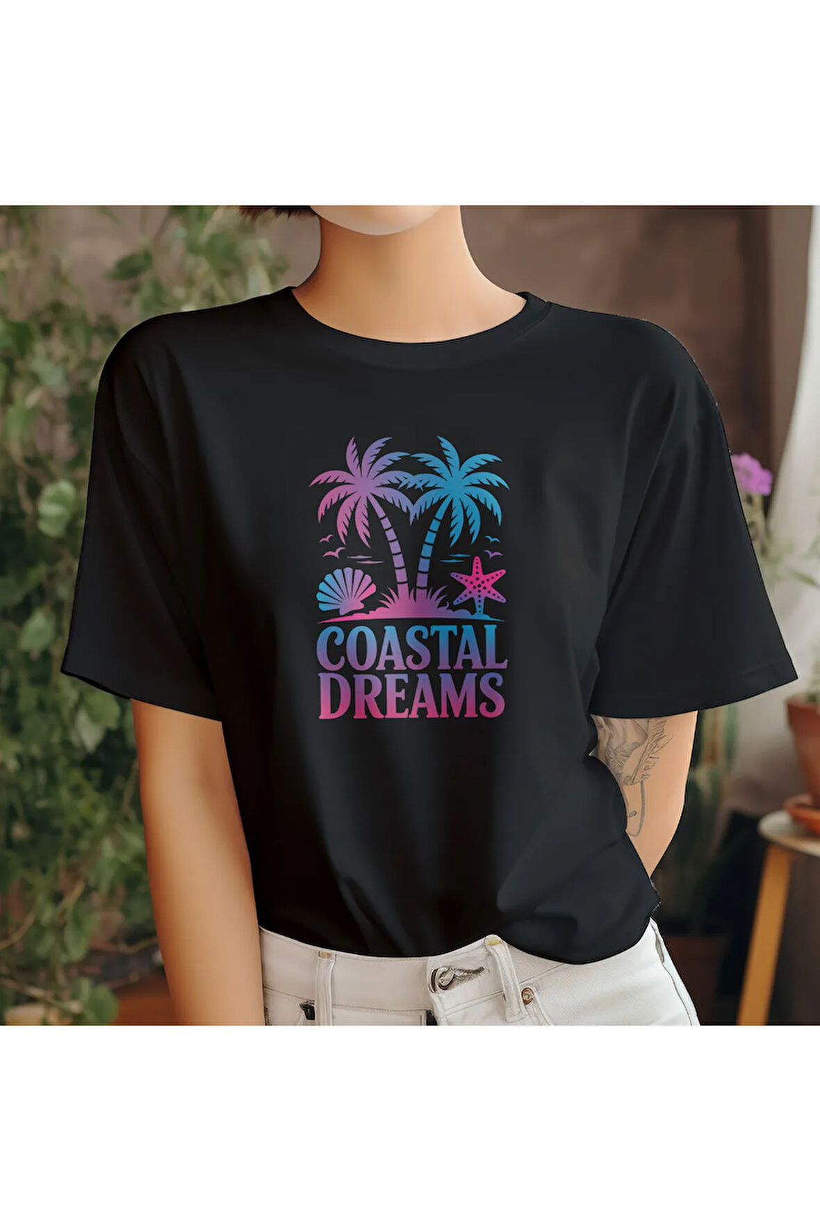 Coastal Dreams Baskılı Yaz Temalı Unisex Regular Fit Pamuklu Siyah Tişört