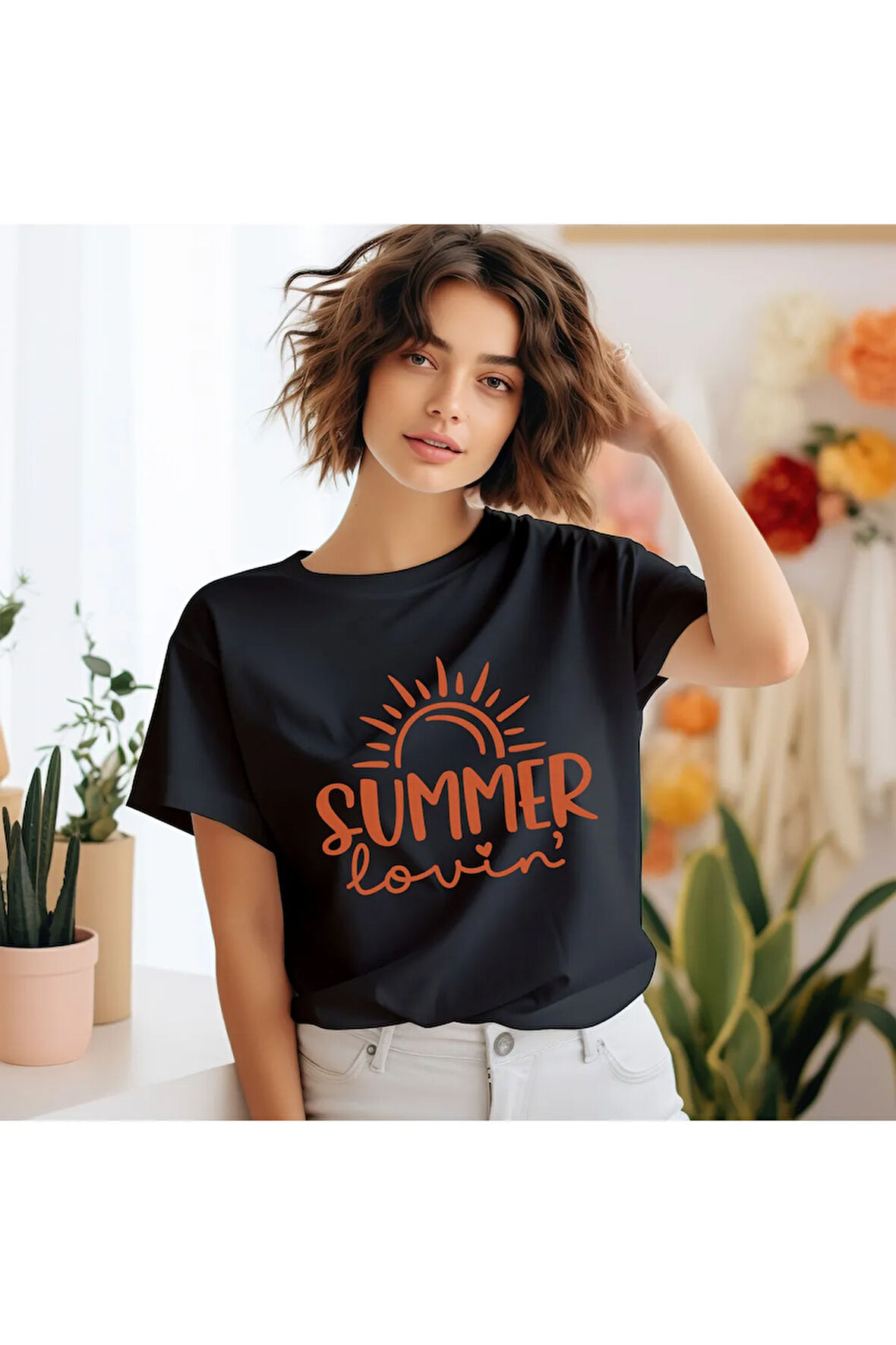 Summer Love Baskılı Yaz Temalı Unisex Regular Fit Pamuklu Siyah Tişört