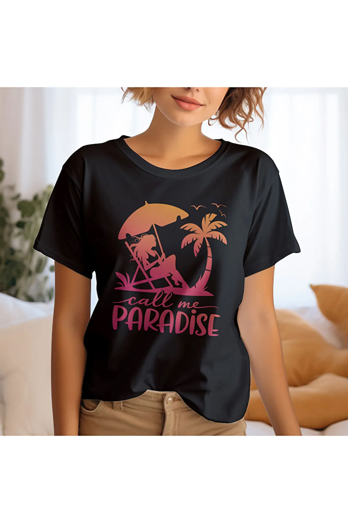 Call Me Paradise Baskılı Yaz Temalı Unisex Regular Fit Pamuklu Siyah Tişört