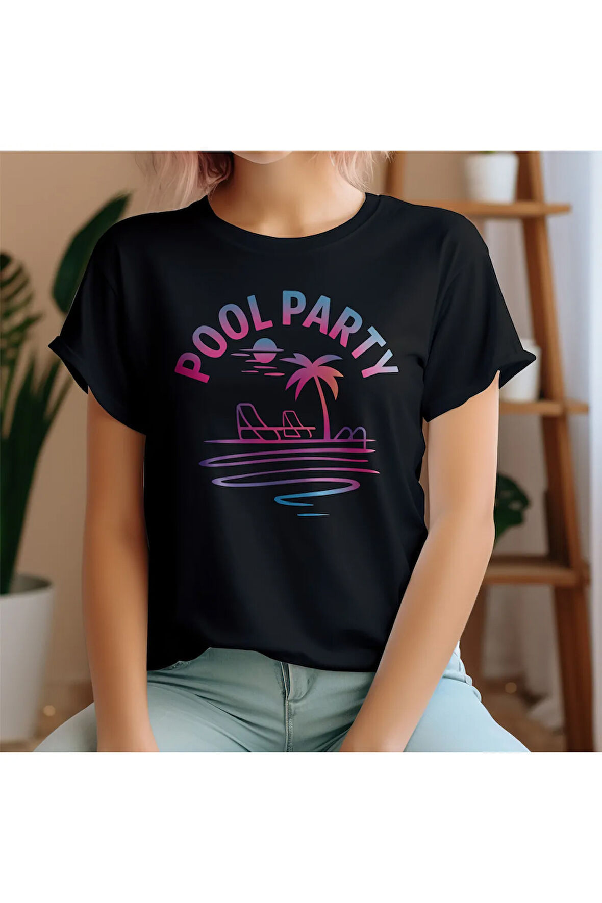 Pool Party Baskılı Yaz Temalı Unisex Regular Fit Pamuklu Siyah Tişört