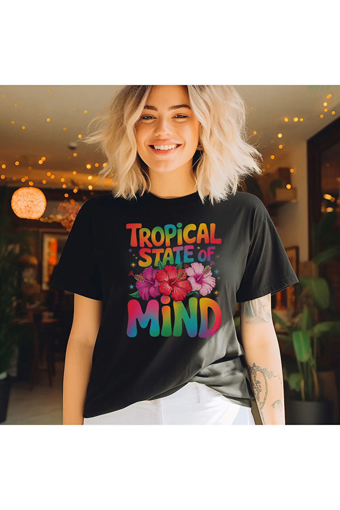 Tropical State Of Mind Baskılı Yaz Temalı Unisex Regular Fit Pamuklu Siyah Tişört