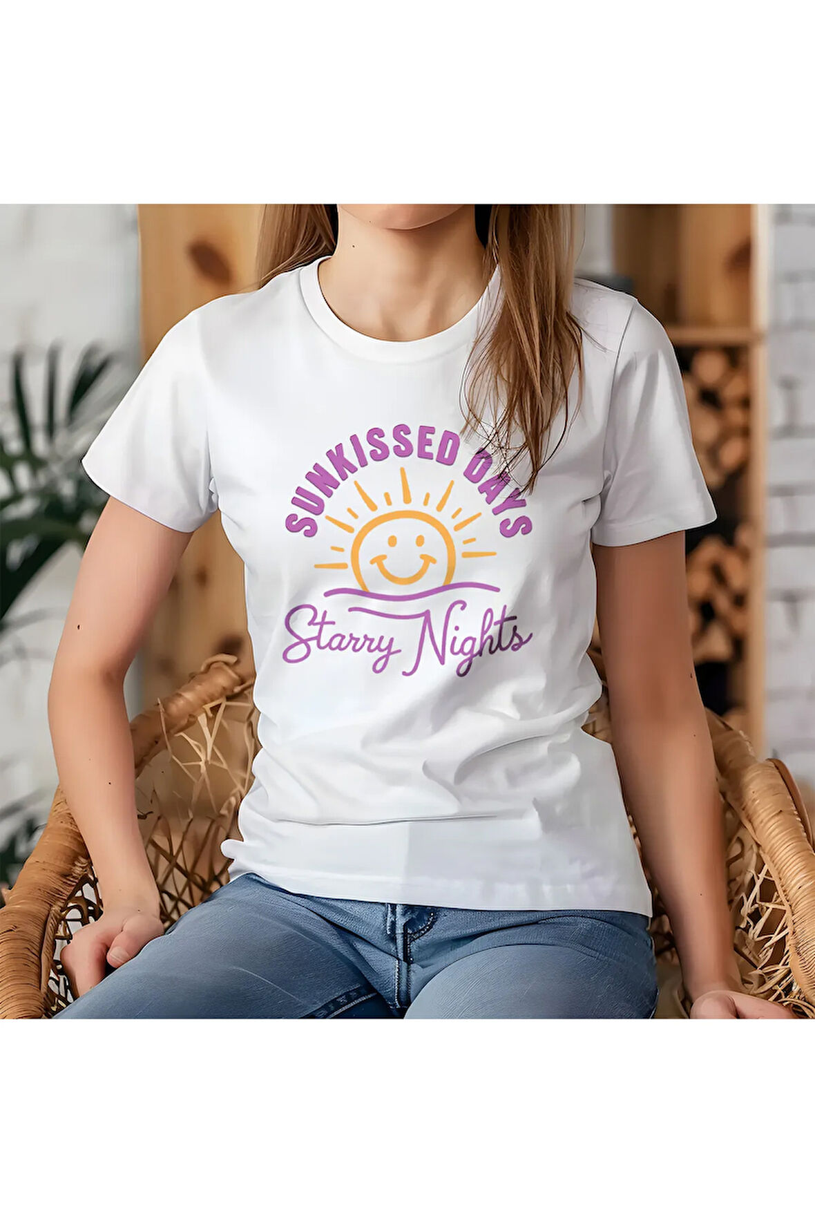 Sunkissed Days Starry Nights Baskılı Yaz Temalı Unisex Regular Fit Pamuklu Beyaz Tişört