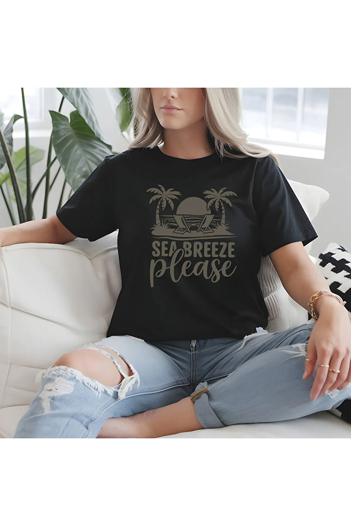 Sea Breeze Please Baskılı Yaz Temalı Unisex Regular Fit Pamuklu Siyah Tişört