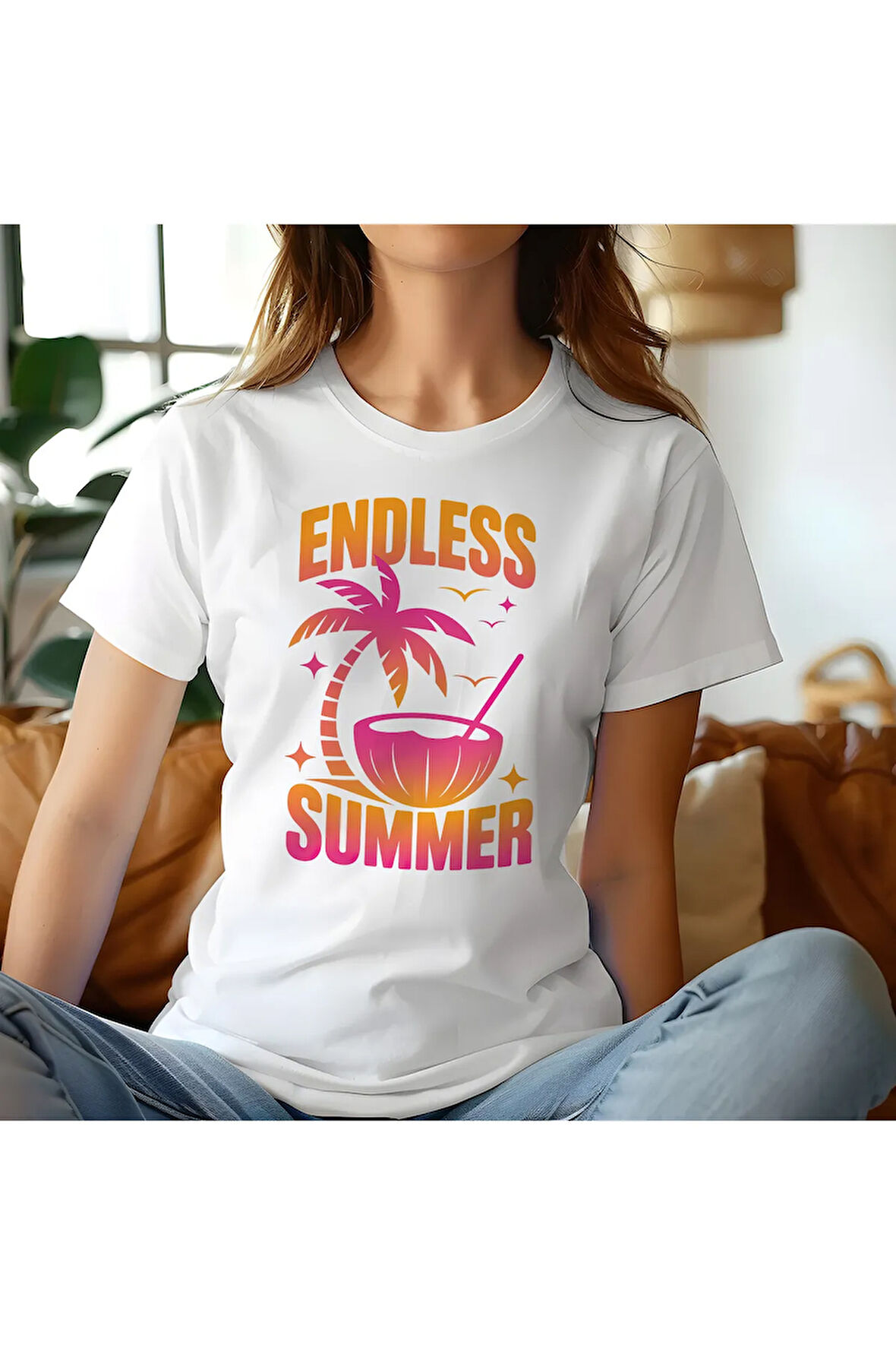Endless Summer Baskılı Yaz Temalı Unisex Regular Fit Pamuklu Beyaz Tişört