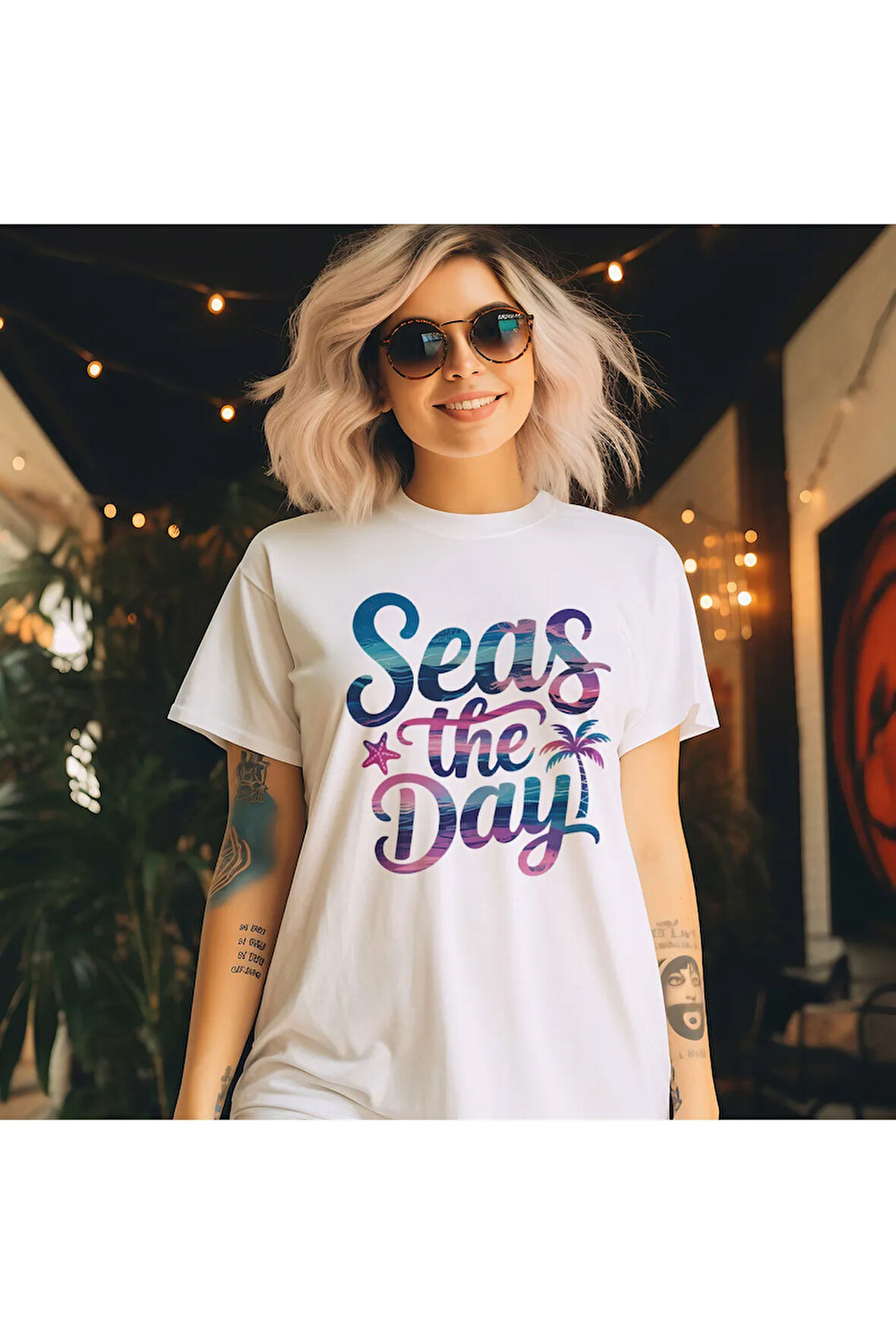 Seas The Day Baskılı Yaz Temalı Unisex Regular Fit Pamuklu Beyaz Tişört