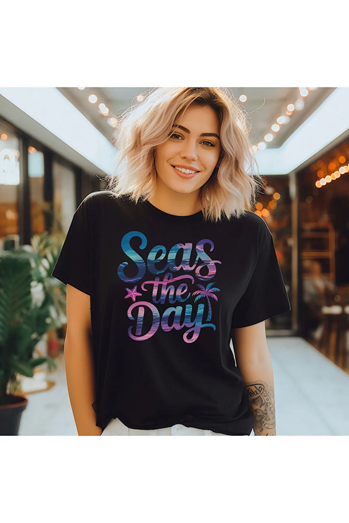 Seas The Day Baskılı Yaz Temalı Unisex Regular Fit Pamuklu Siyah Tişört
