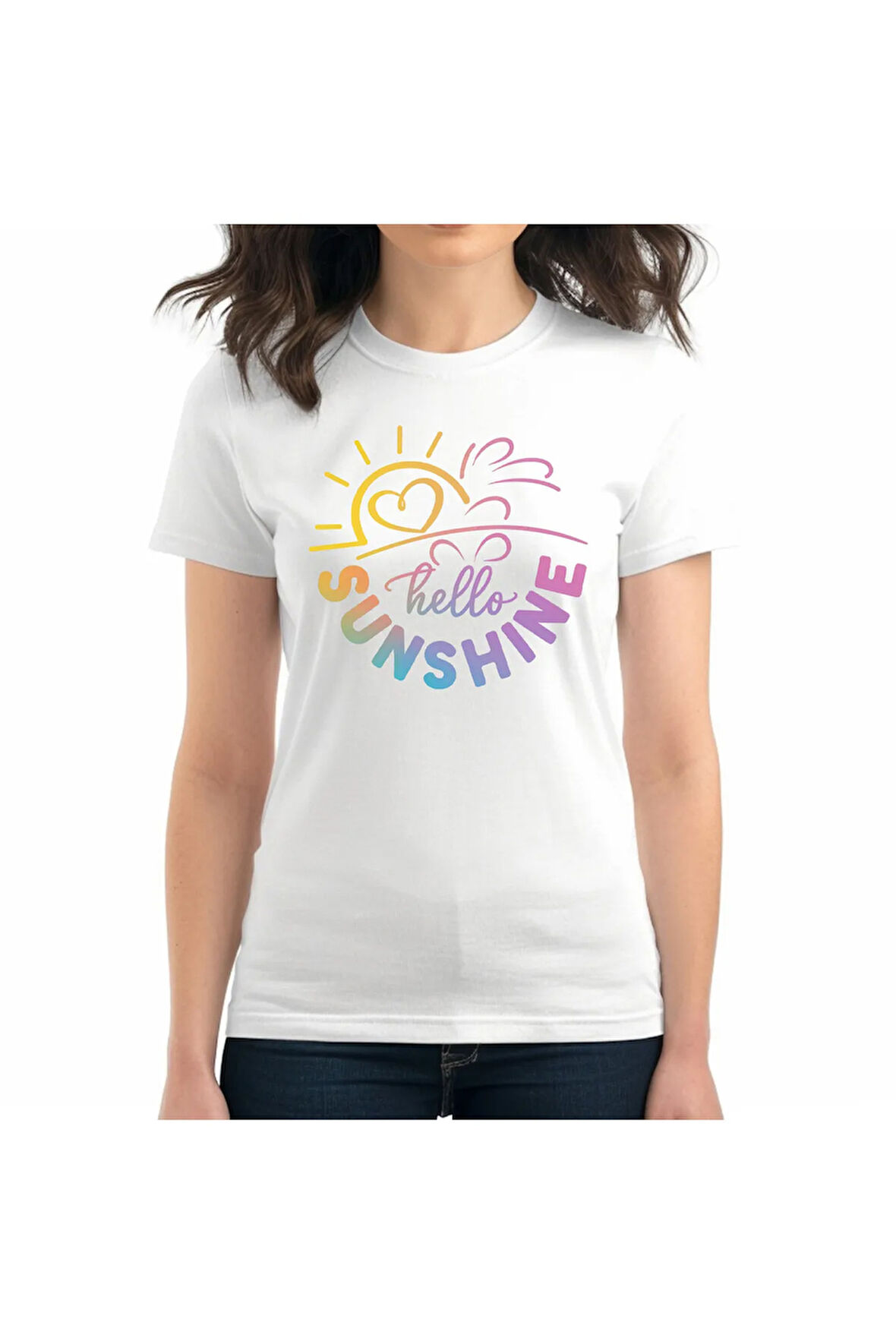 Hello Sunshine Baskılı Yaz Temalı Unisex Regular Fit Pamuklu Beyaz Tişört