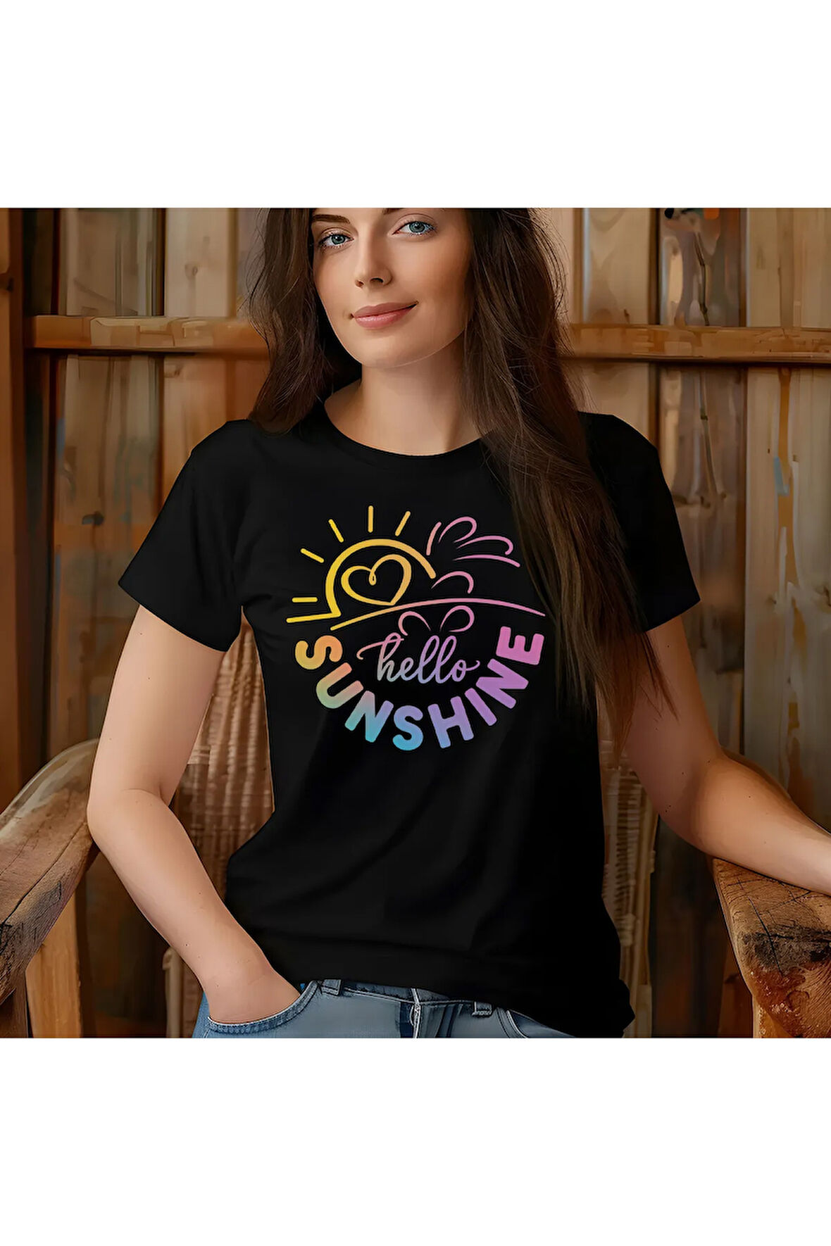 Hello Sunshine Baskılı Yaz Temalı Unisex Regular Fit Pamuklu Siyah Tişört