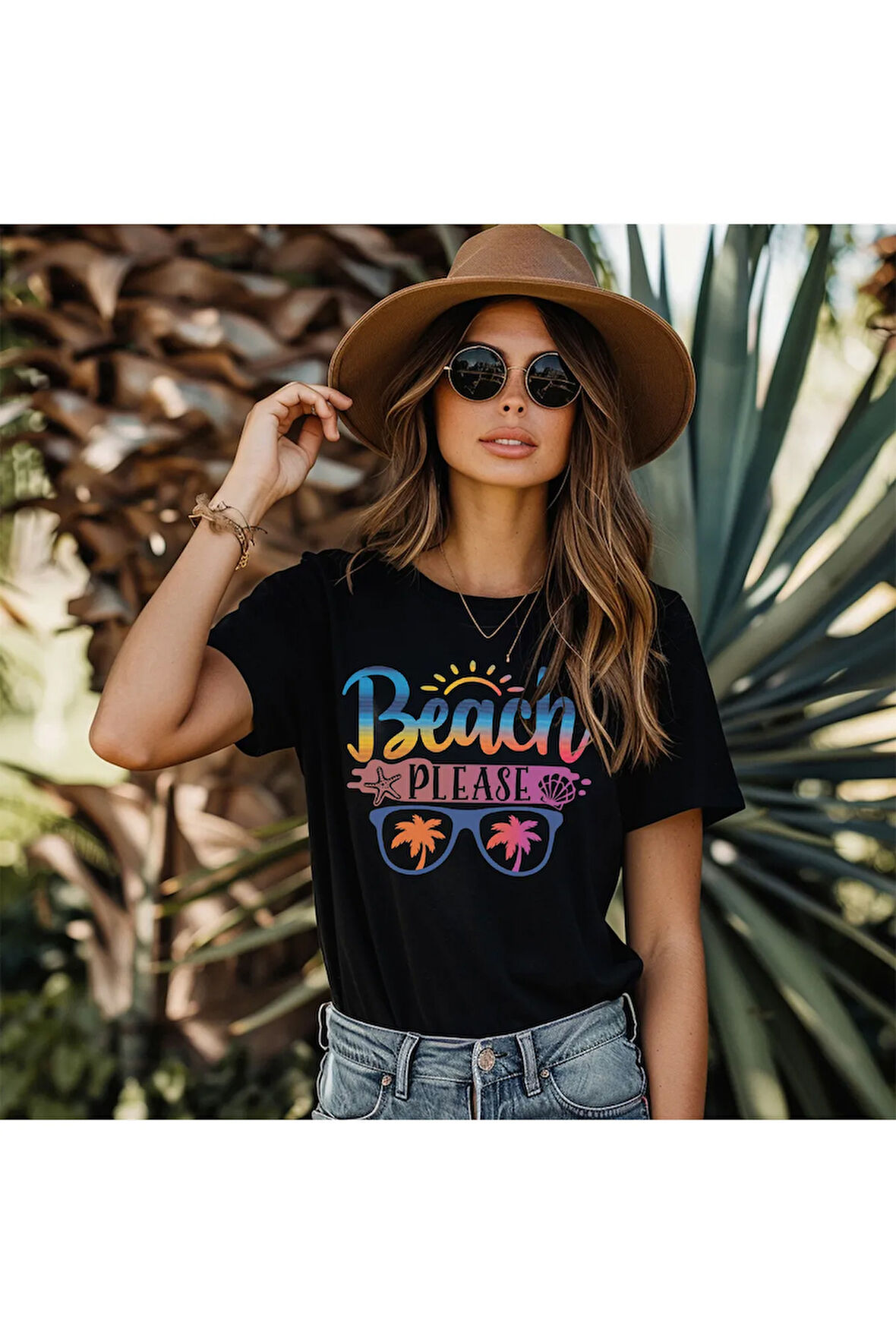 Beach Please Baskılı Yaz Temalı Unisex Regular Fit Pamuklu Siyah Tişört