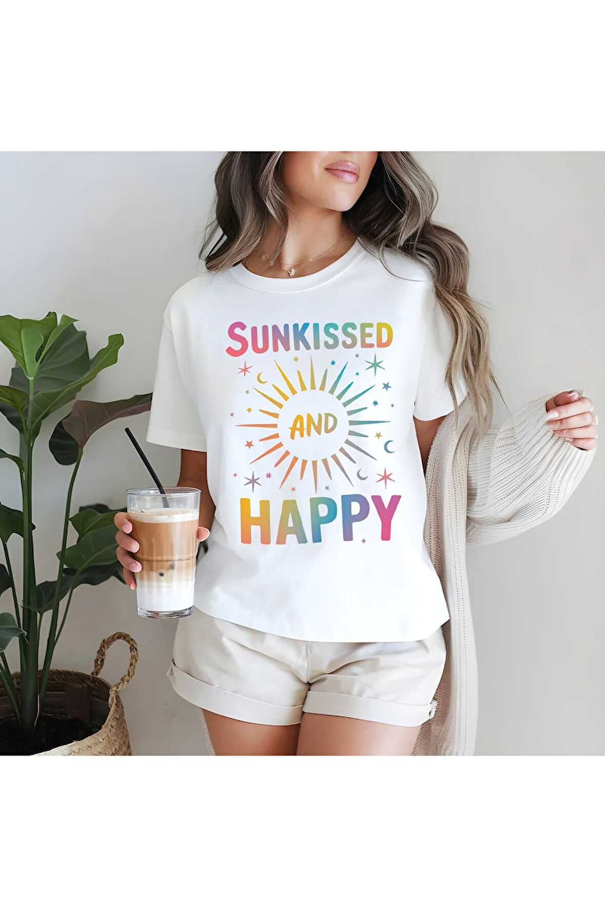 Sunkissed And Happy Baskılı Yaz Temalı Unisex Regular Fit Pamuklu Beyaz Tişört