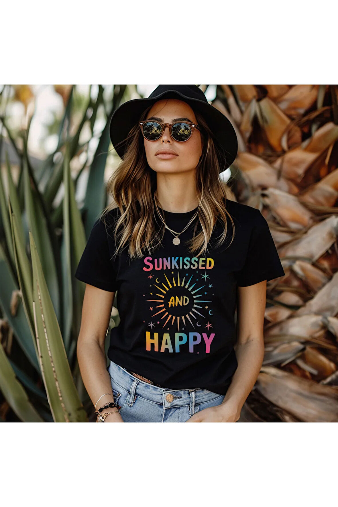Sunkissed And Happy Baskılı Yaz Temalı Unisex Regular Fit Pamuklu Siyah Tişört