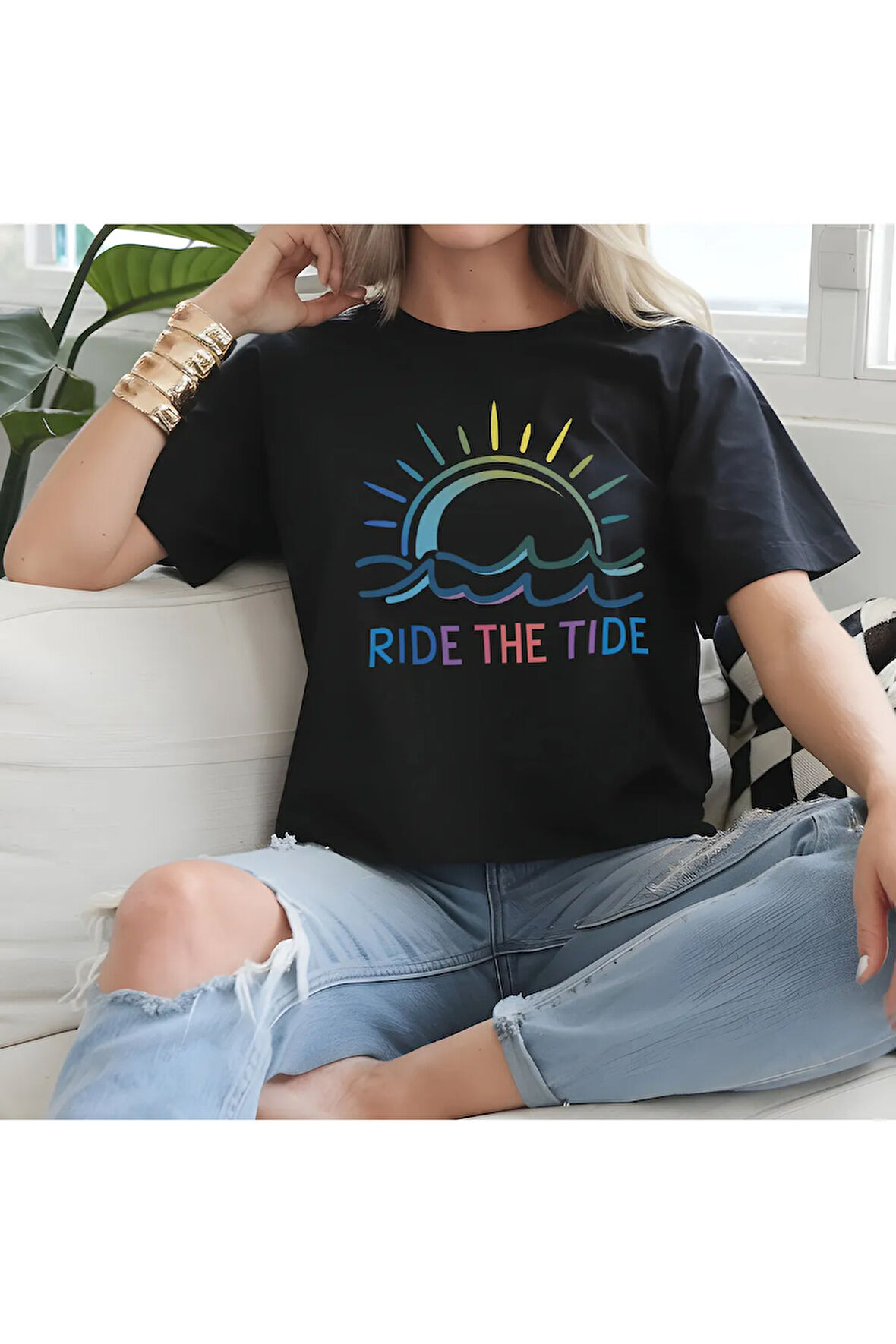 Ride The Tide Baskılı Yaz Temalı Unisex Regular Fit Pamuklu Siyah Tişört