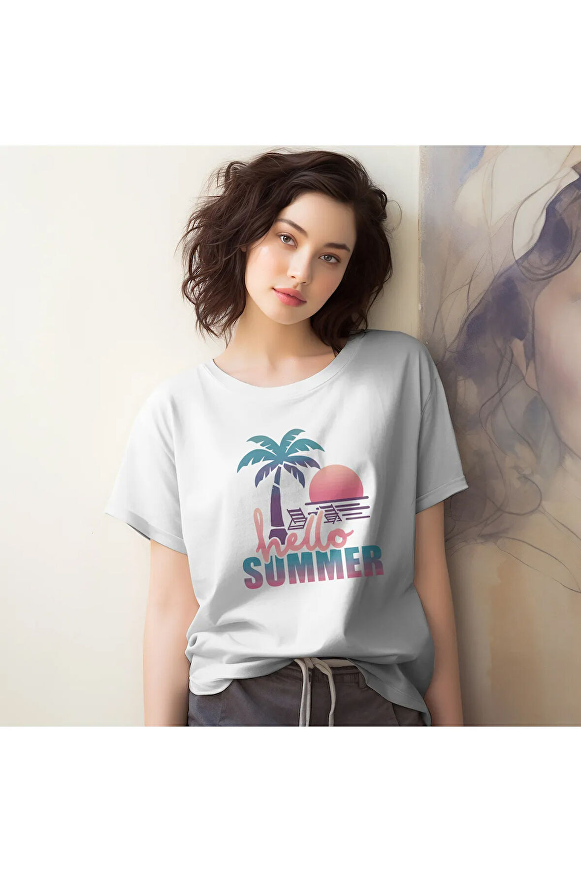 Hello Summer Retro Baskılı Yaz Temalı Unisex Regular Fit Pamuklu Beyaz Tişört
