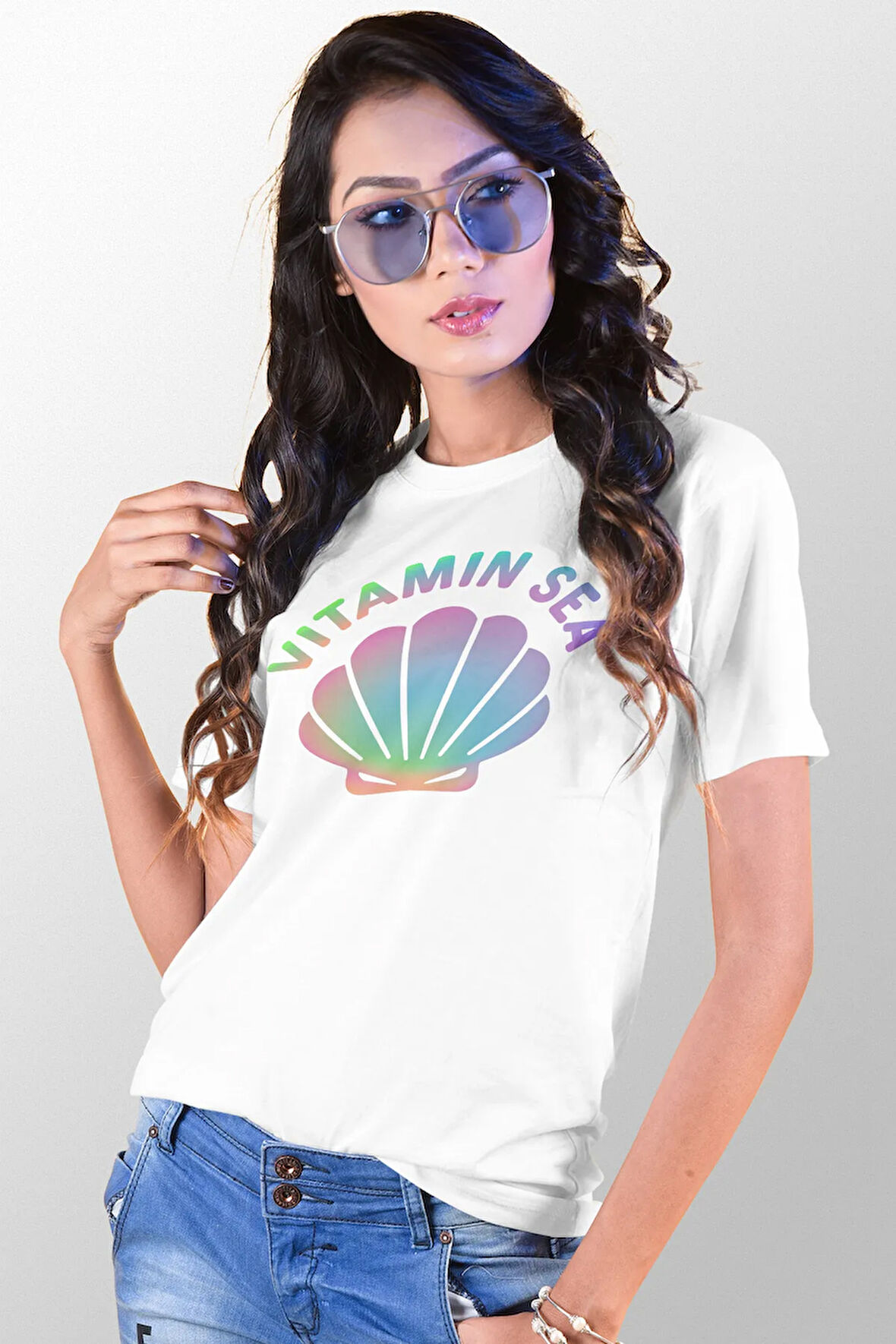 Vitamin Sea Baskılı Yaz Temalı Unisex Regular Fit Pamuklu Beyaz Tişört