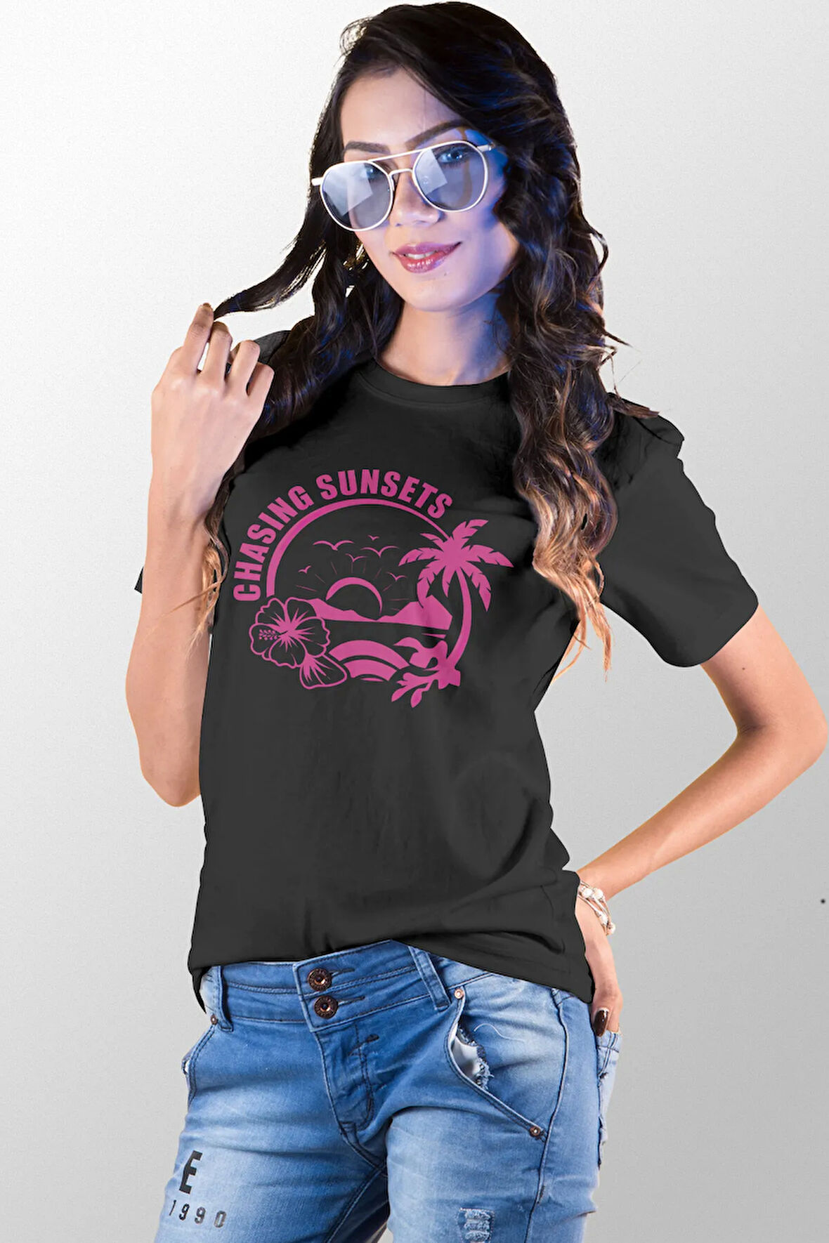 Chasing Sunsets Retro Baskılı Yaz Temalı Unisex Regular Fit Pamuklu Siyah Tişört