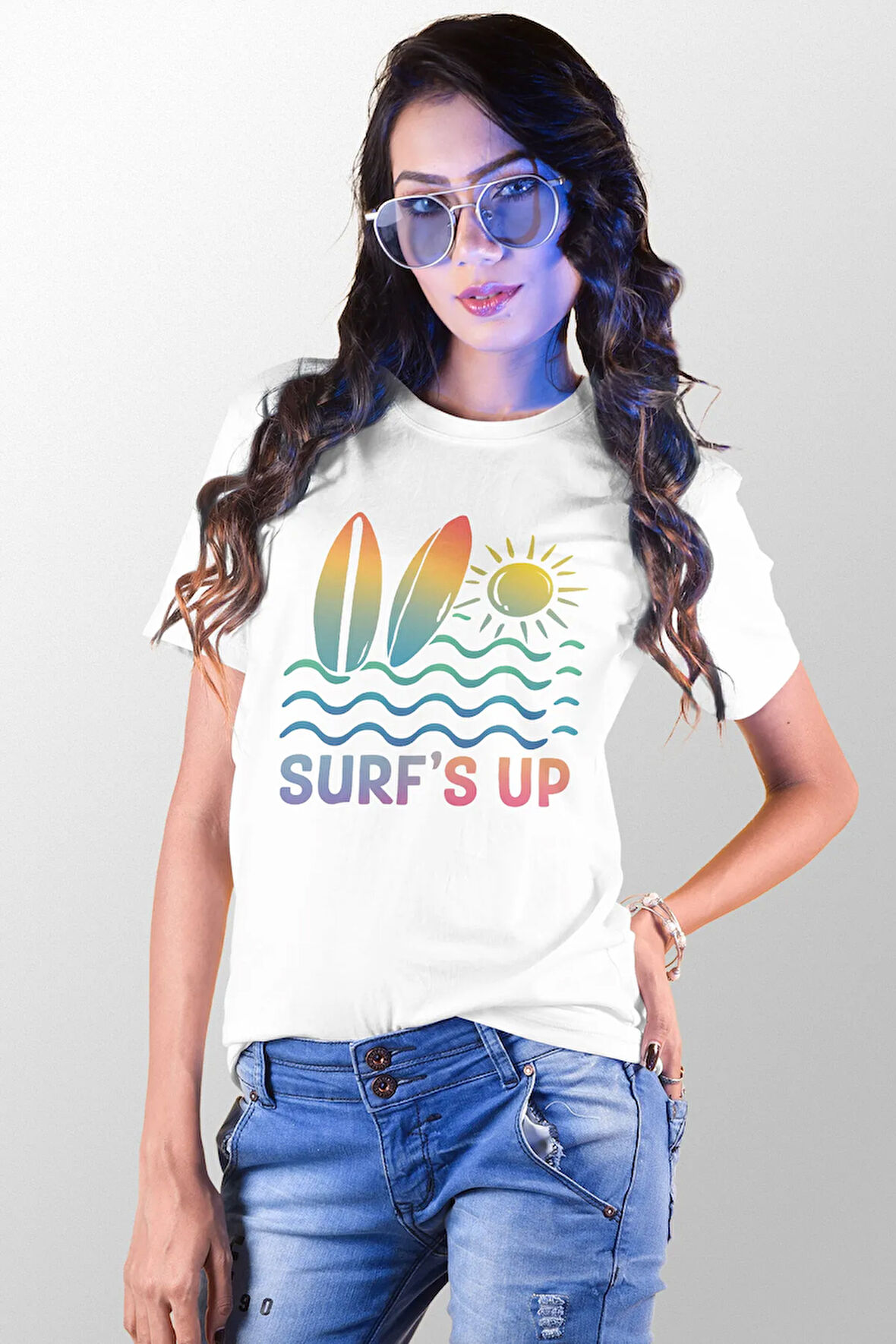 Surf'S Up Baskılı Yaz Temalı Unisex Regular Fit Pamuklu Beyaz Tişört