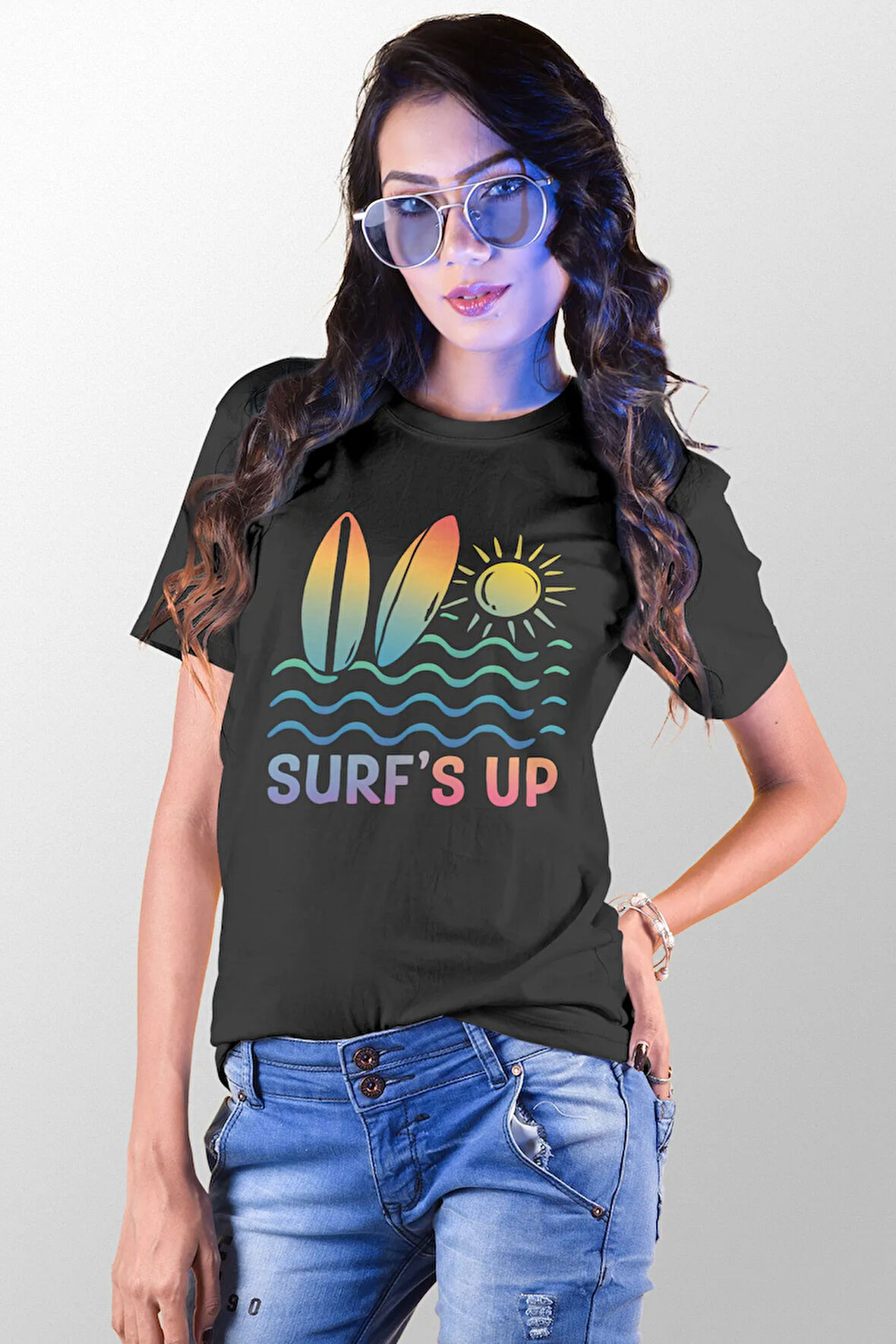 Surf'S Up Baskılı Yaz Temalı Unisex Regular Fit Pamuklu Siyah Tişört