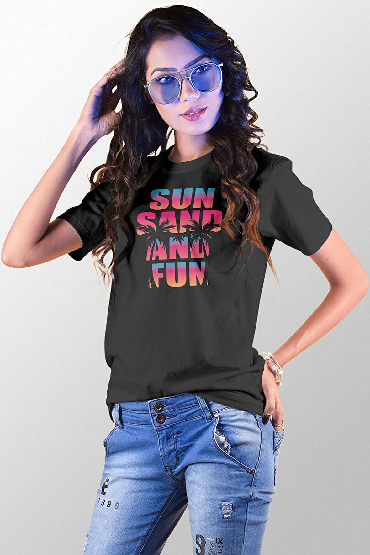 Sun Sand And Fun Baskılı Yaz Temalı Unisex Regular Fit Pamuklu Siyah Tişört