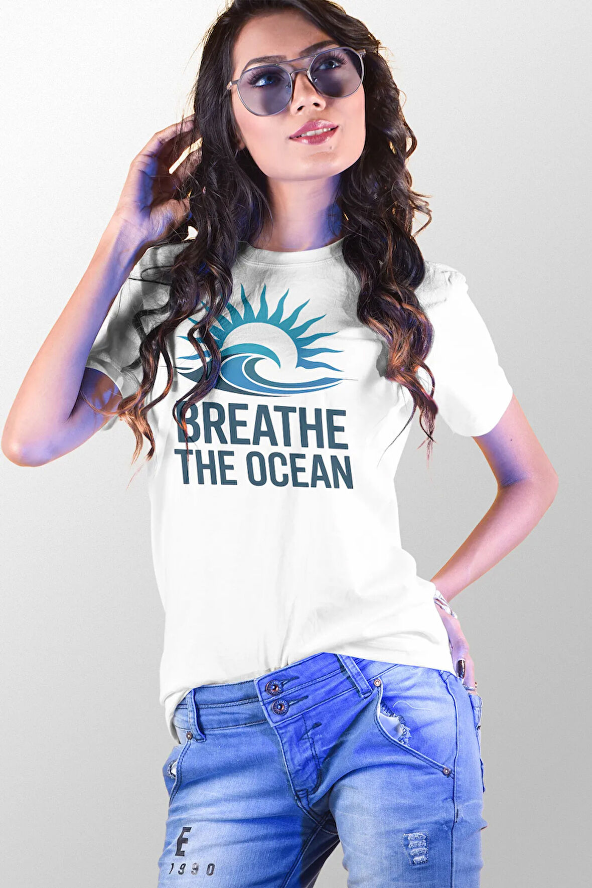 Breathe The Ocean Baskılı Yaz Temalı Unisex Regular Fit Pamuklu Beyaz Tişört