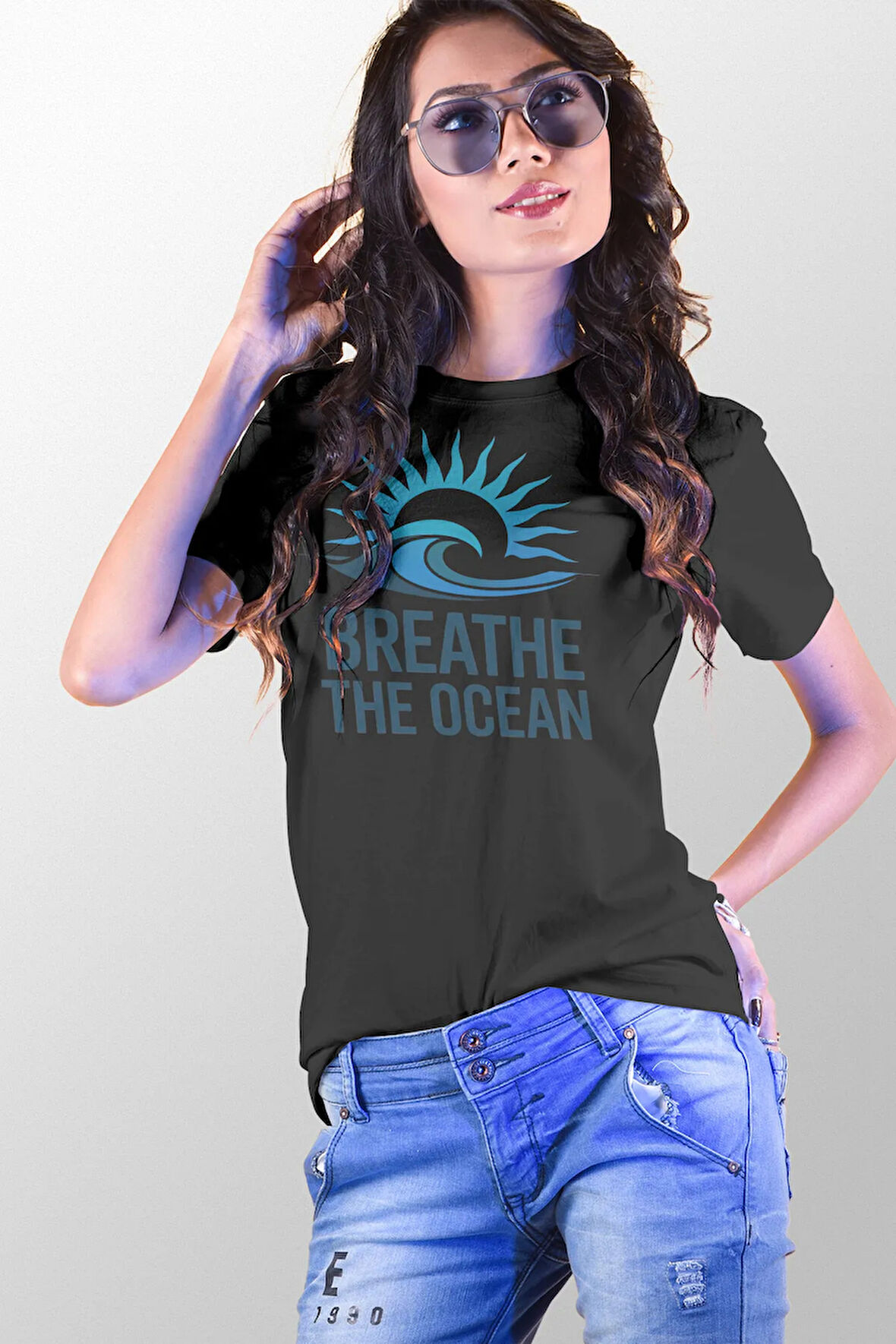 Breathe The Ocean Baskılı Yaz Temalı Unisex Regular Fit Pamuklu Siyah Tişört