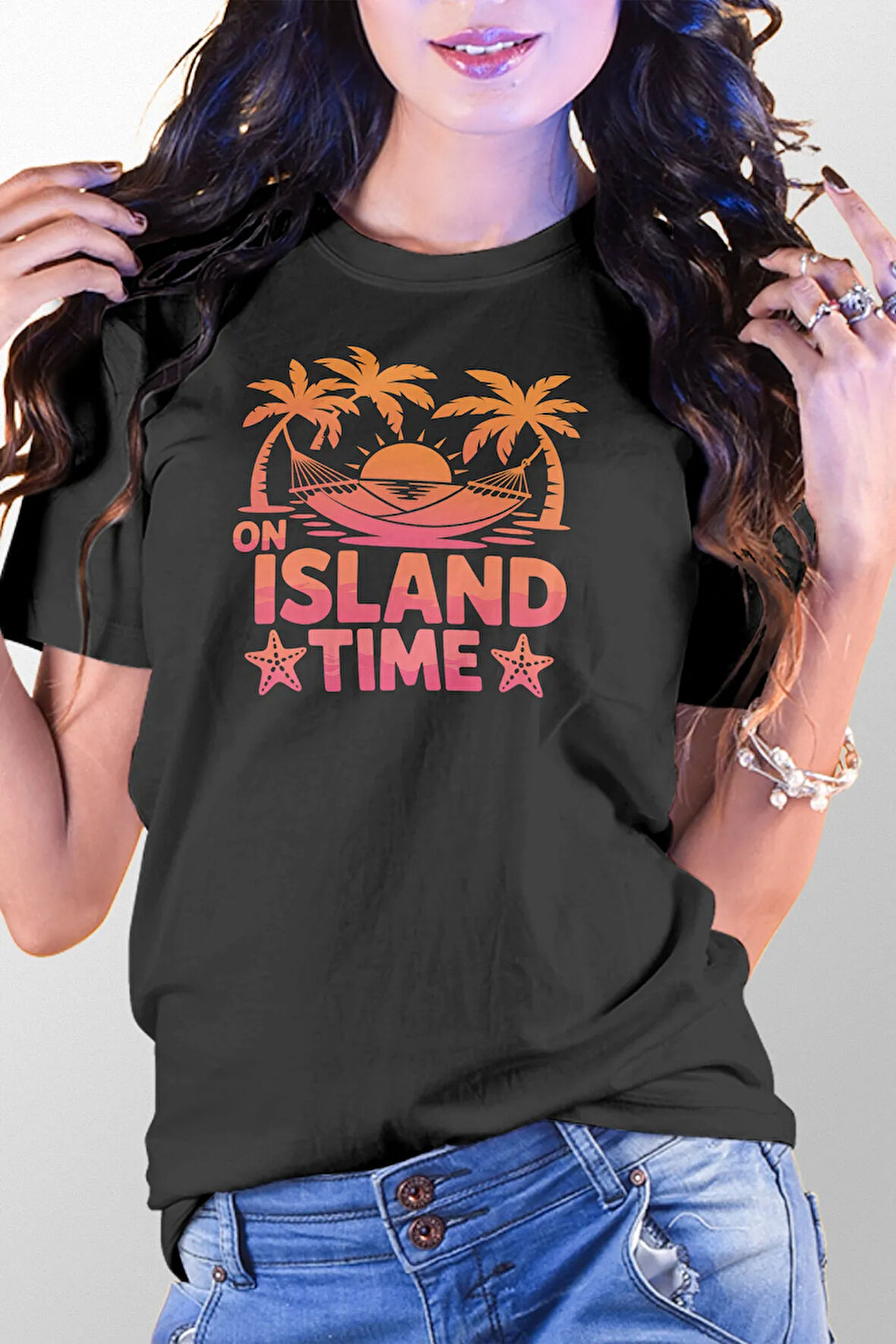 İsland Time Baskılı Yaz Temalı Unisex Regular Fit Pamuklu Siyah Tişört