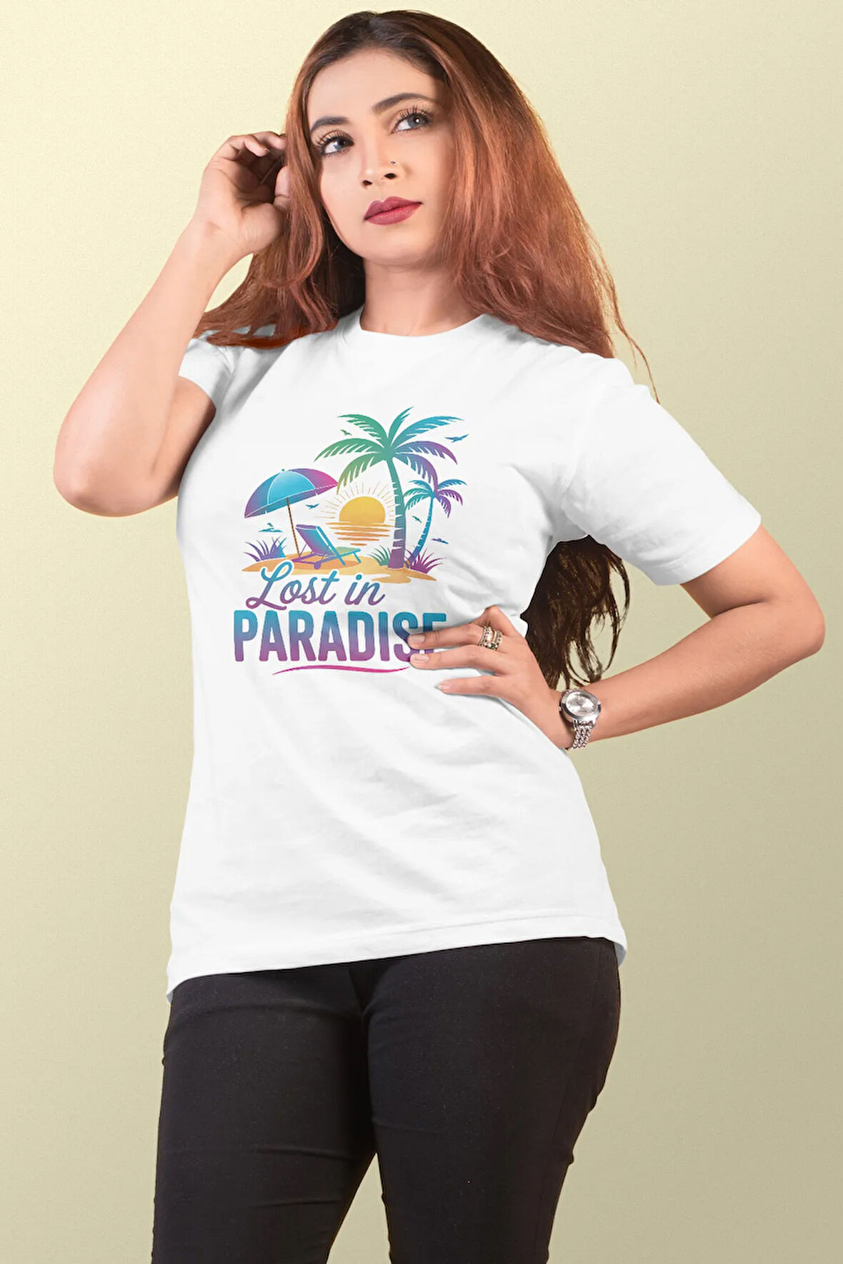 Lost İn Paradise Baskılı Yaz Temalı Unisex Regular Fit Pamuklu Beyaz Tişört
