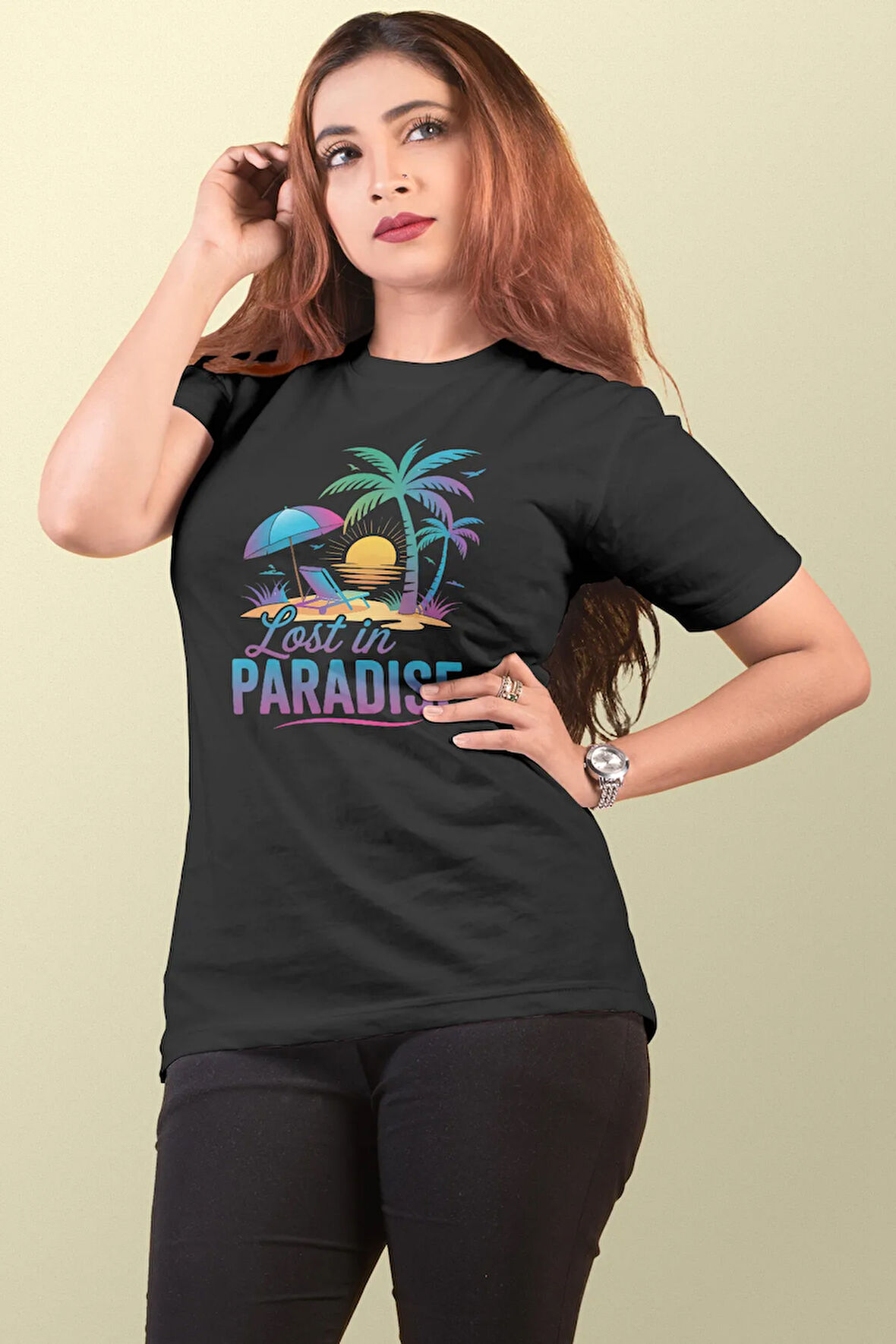 Lost İn Paradise Baskılı Yaz Temalı Unisex Regular Fit Pamuklu Siyah Tişört