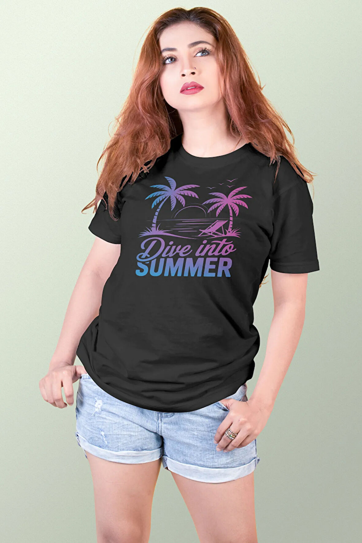 Dive İnto Summer Baskılı Yaz Temalı Unisex Regular Fit Pamuklu Siyah Tişört