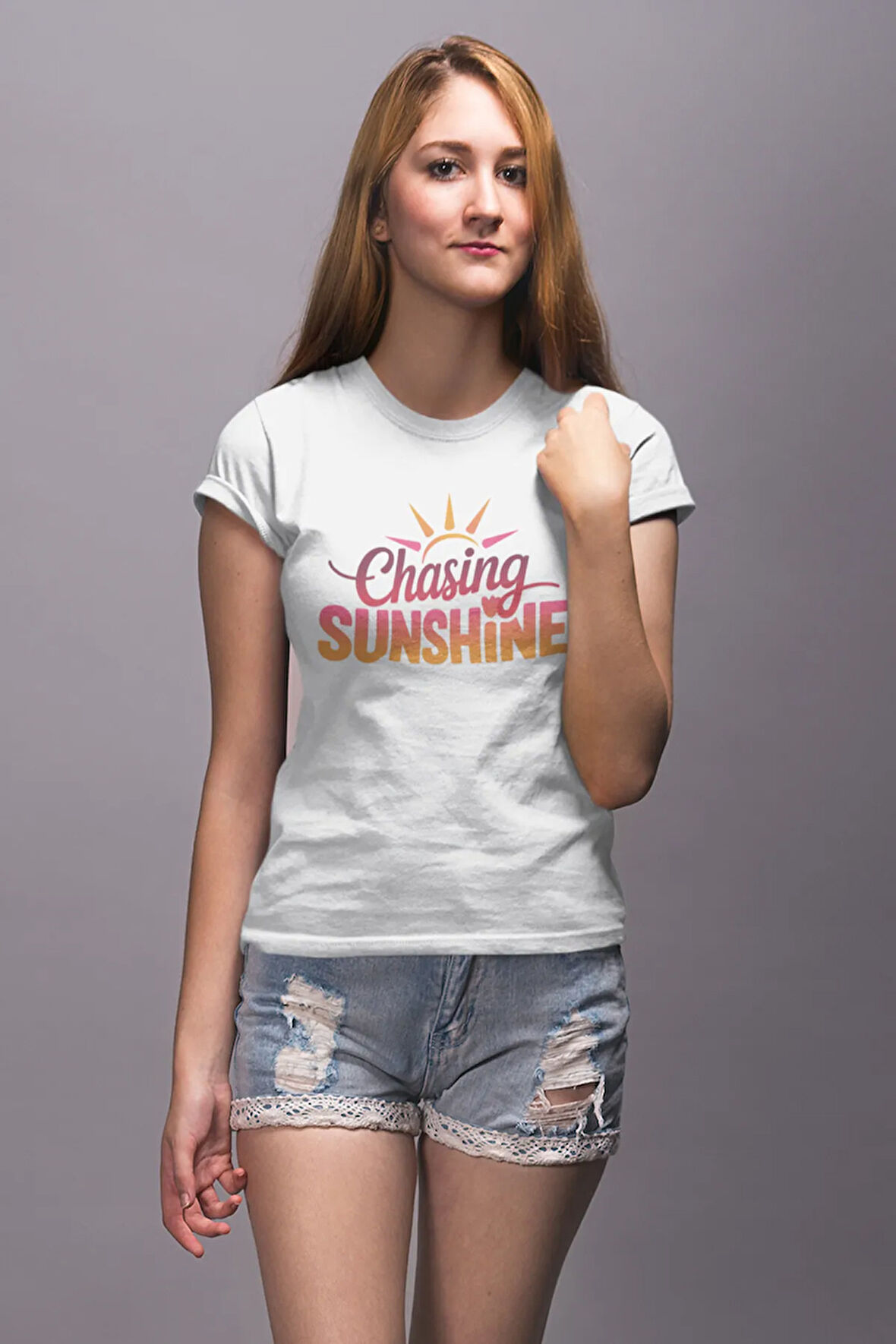 Chasing Sunshine Baskılı Yaz Temalı Unisex Regular Fit Pamuklu Beyaz Tişört