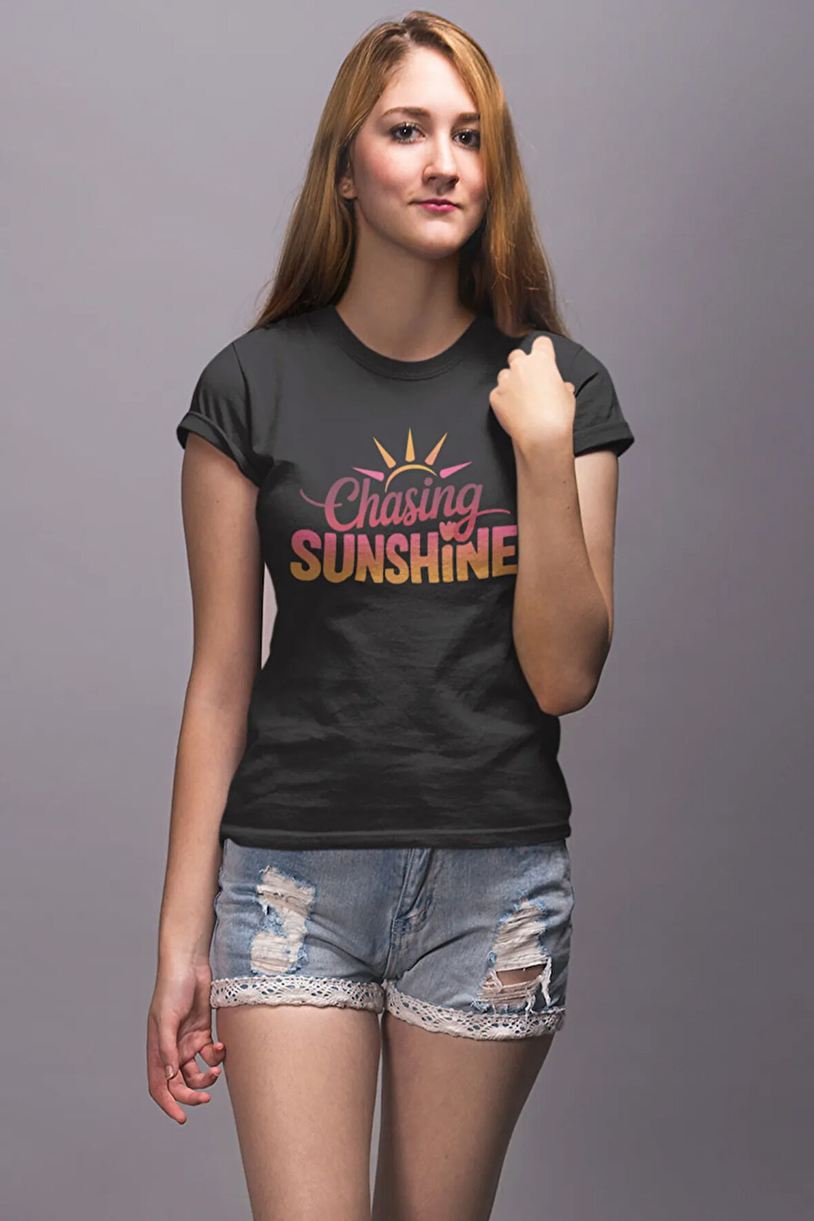 Chasing Sunshine Baskılı Yaz Temalı Unisex Regular Fit Pamuklu Siyah Tişört