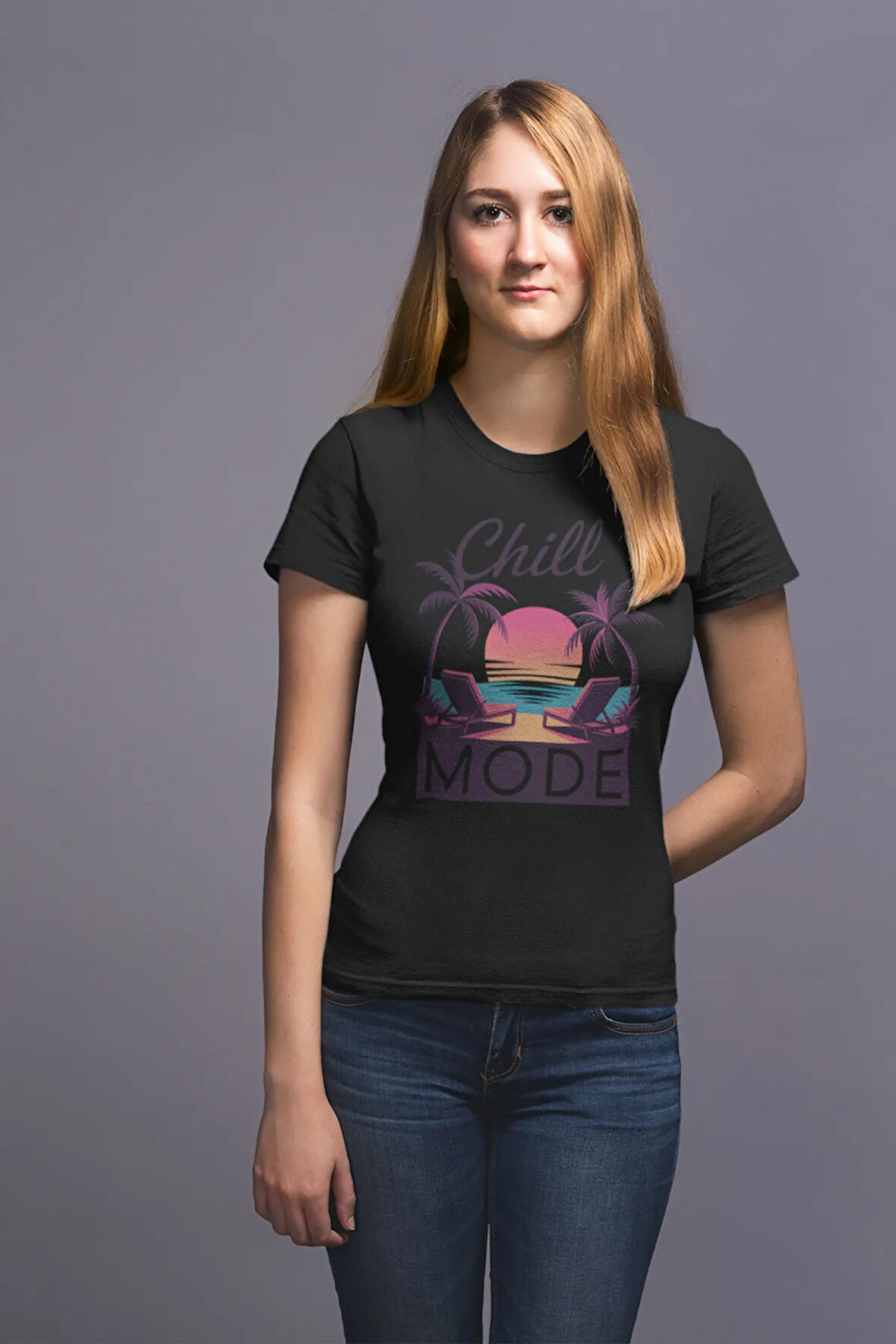 Chill Mode Baskılı Yaz Temalı Unisex Regular Fit Pamuklu Siyah Tişört