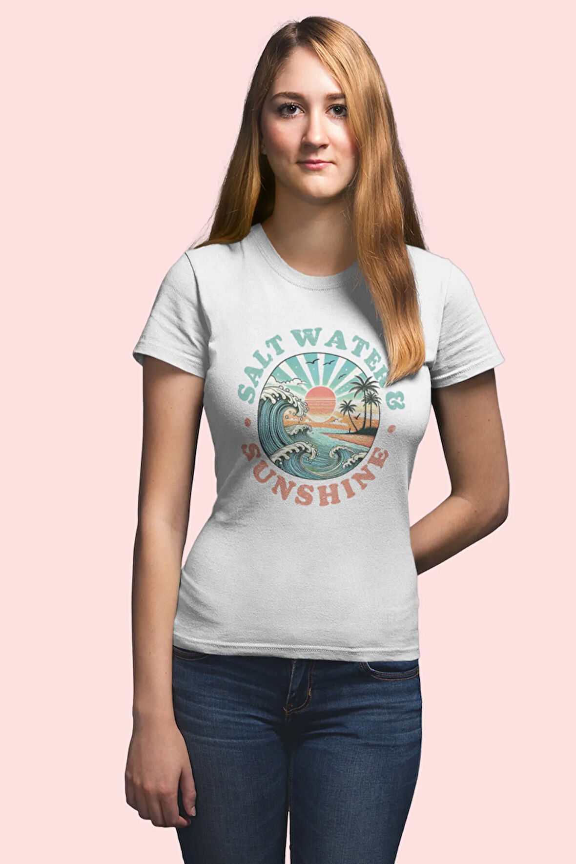 Salt Water And Sunshine Baskılı Yaz Temalı Unisex Regular Fit Pamuklu Beyaz Tişört