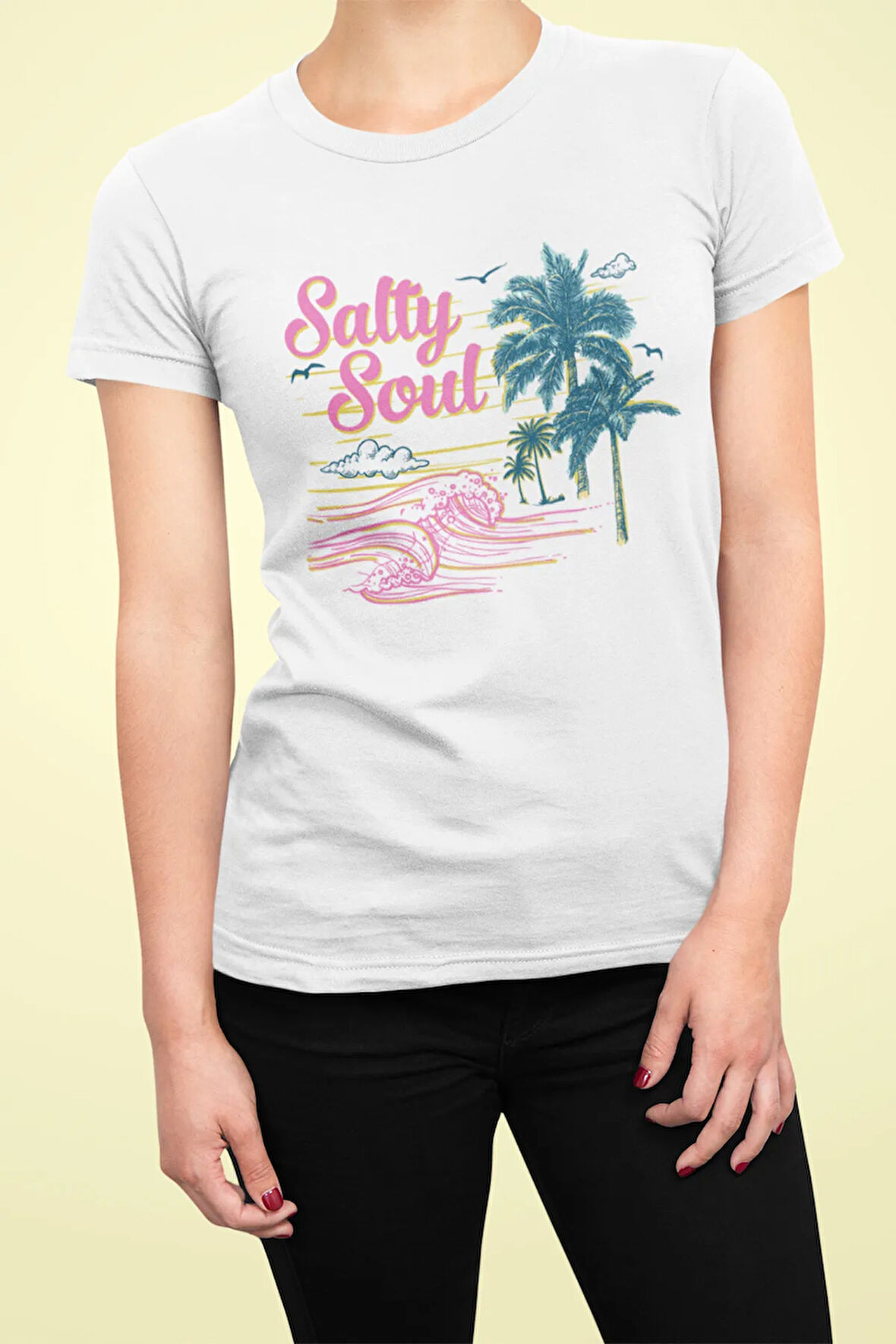 Salty Soul Baskılı Yaz Temalı Unisex Regular Fit Pamuklu Beyaz Tişört
