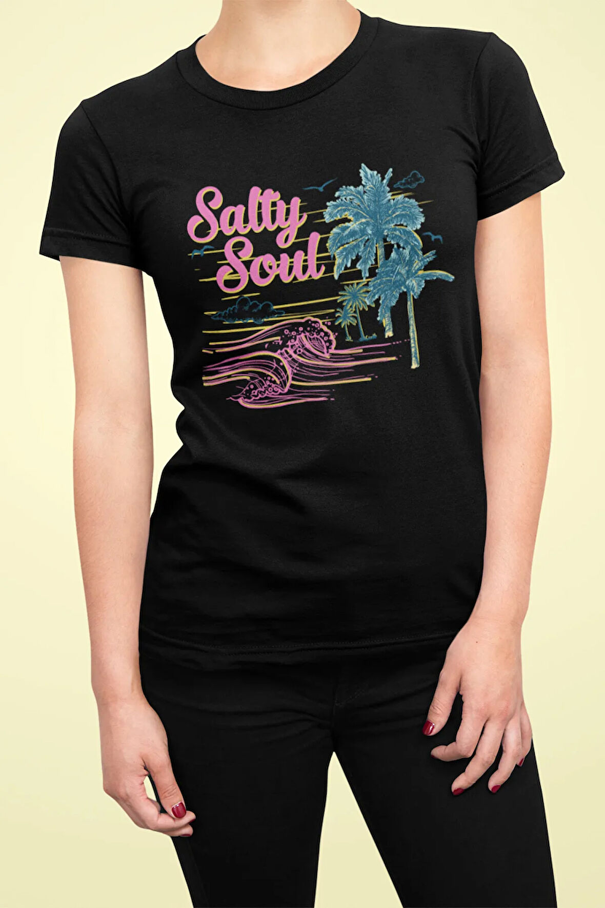 Salty Soul Baskılı Yaz Temalı Unisex Regular Fit Pamuklu Siyah Tişört