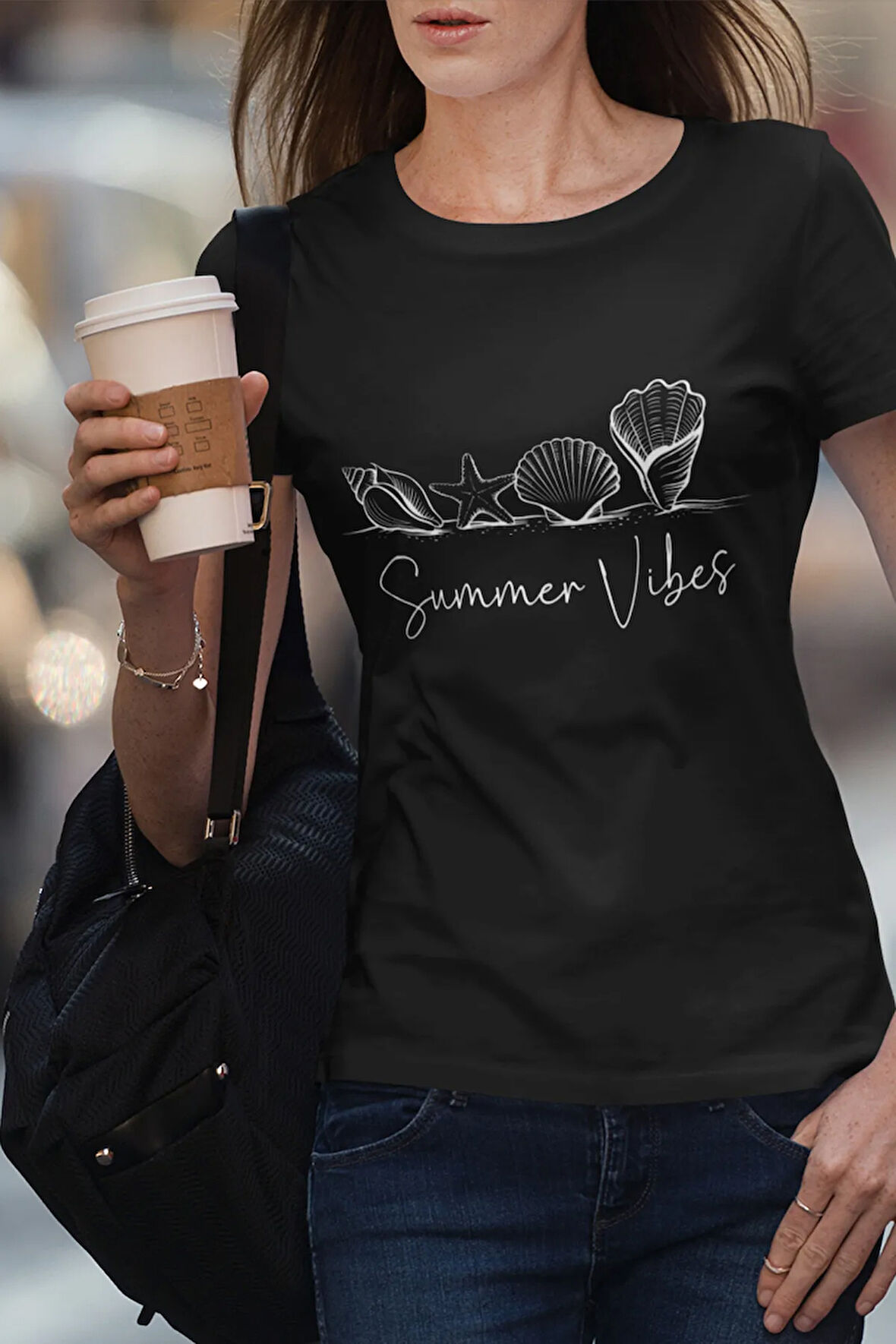 Seashell Summer Vibes Baskılı Yaz Temalı Unisex Regular Fit Pamuklu Siyah Tişört