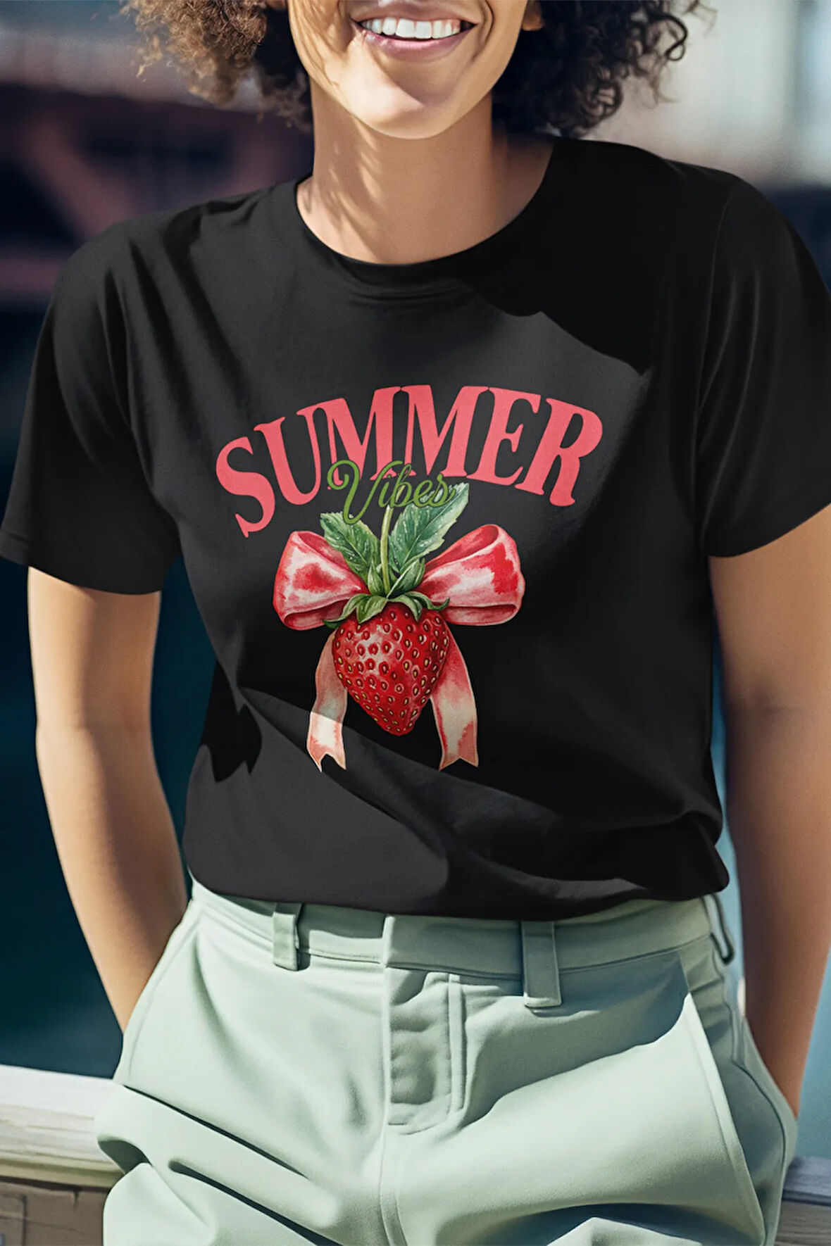 Summer Vibes Çilek Baskılı Yaz Temalı Unisex Regular Fit Pamuklu Siyah Tişört
